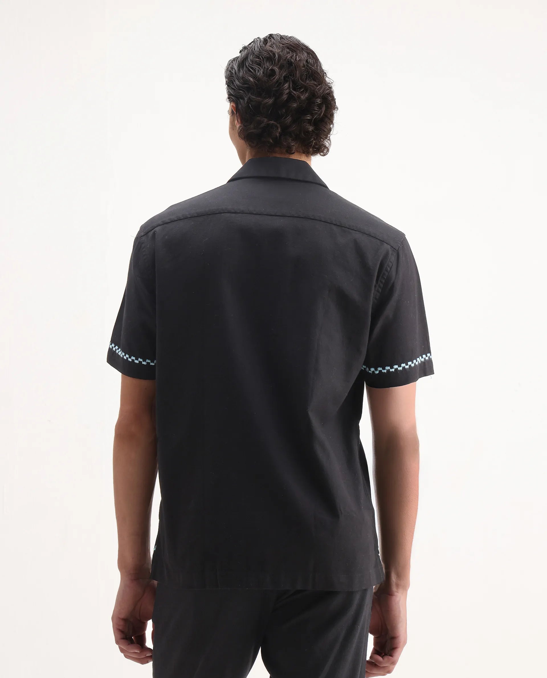 Rare Rabbit Men's Yoko Black Cotton Embroidered Boxy Fit Half Sleeve Cuban Collar Shirt