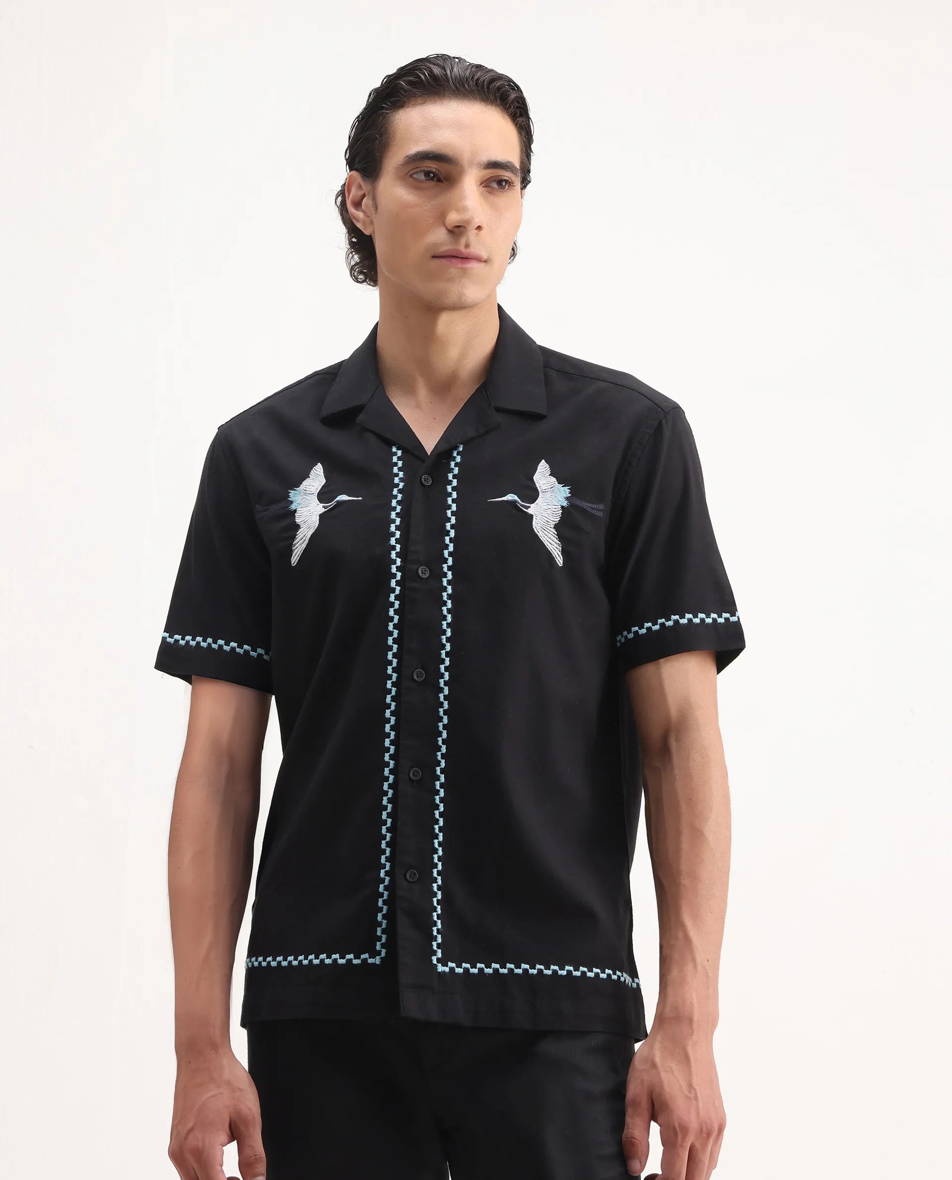 Rare Rabbit Men's Yoko Black Cotton Embroidered Boxy Fit Half Sleeve Cuban Collar Shirt