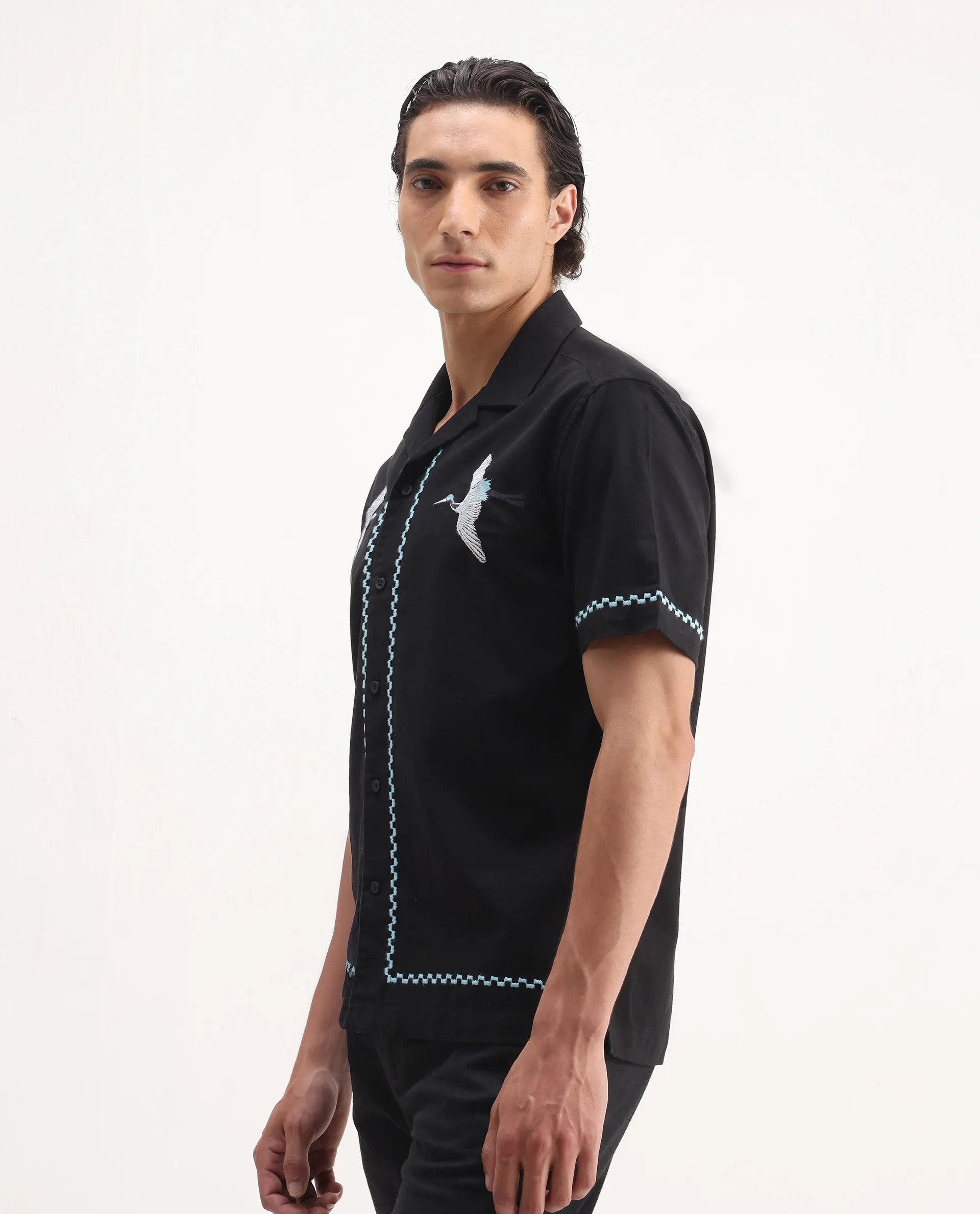 Rare Rabbit Men's Yoko Black Cotton Embroidered Boxy Fit Half Sleeve Cuban Collar Shirt