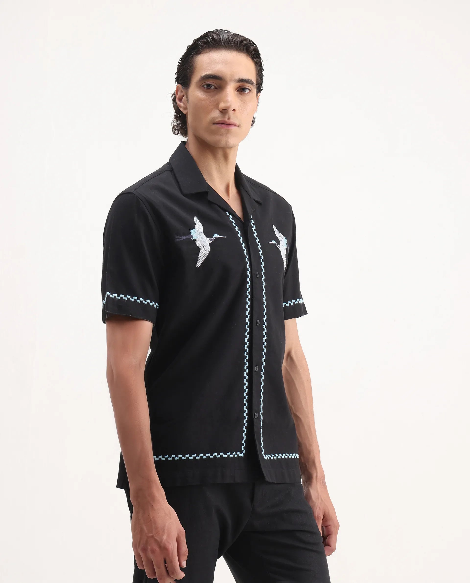 Rare Rabbit Men's Yoko Black Cotton Embroidered Boxy Fit Half Sleeve Cuban Collar Shirt