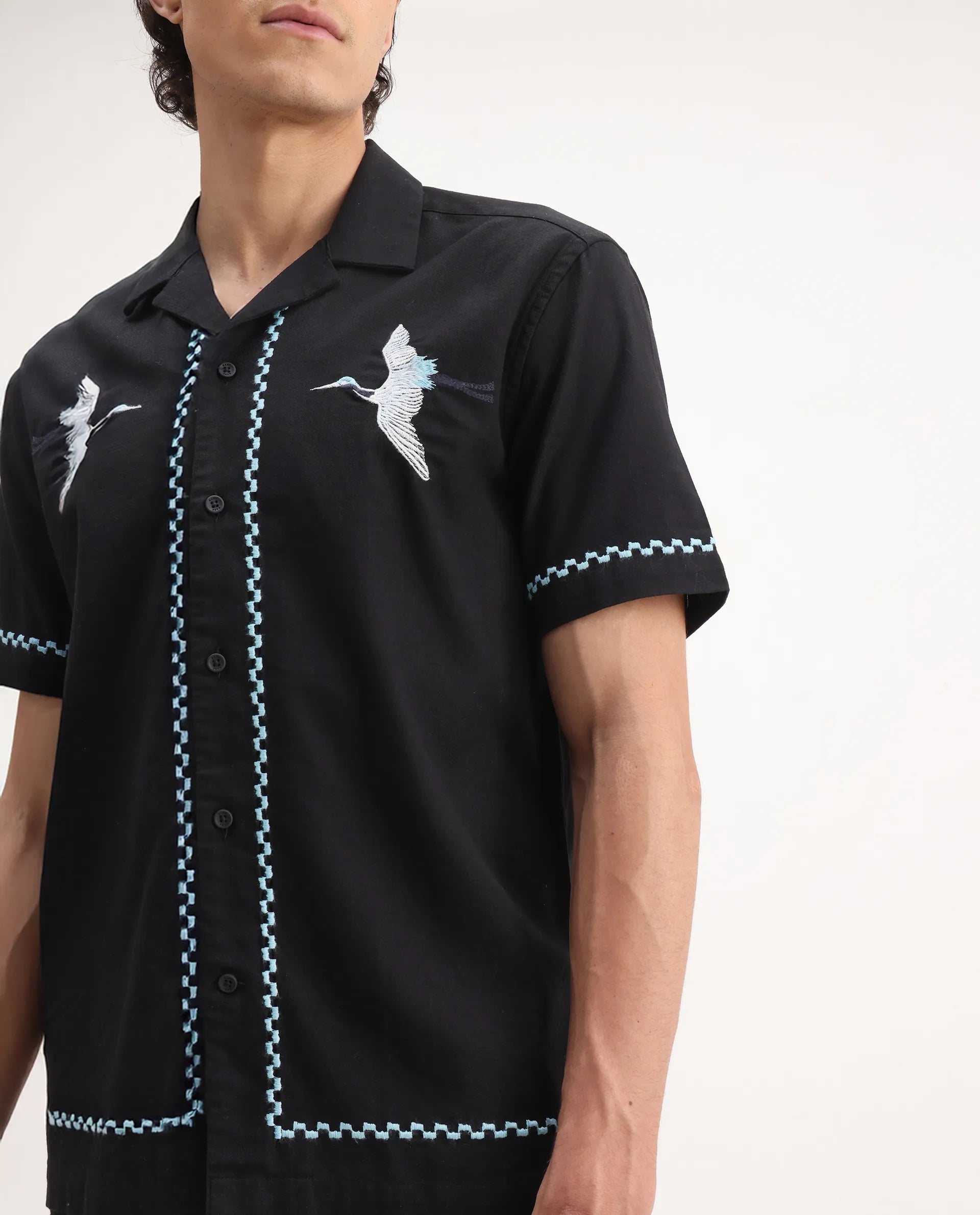Rare Rabbit Men's Yoko Black Cotton Embroidered Boxy Fit Half Sleeve Cuban Collar Shirt