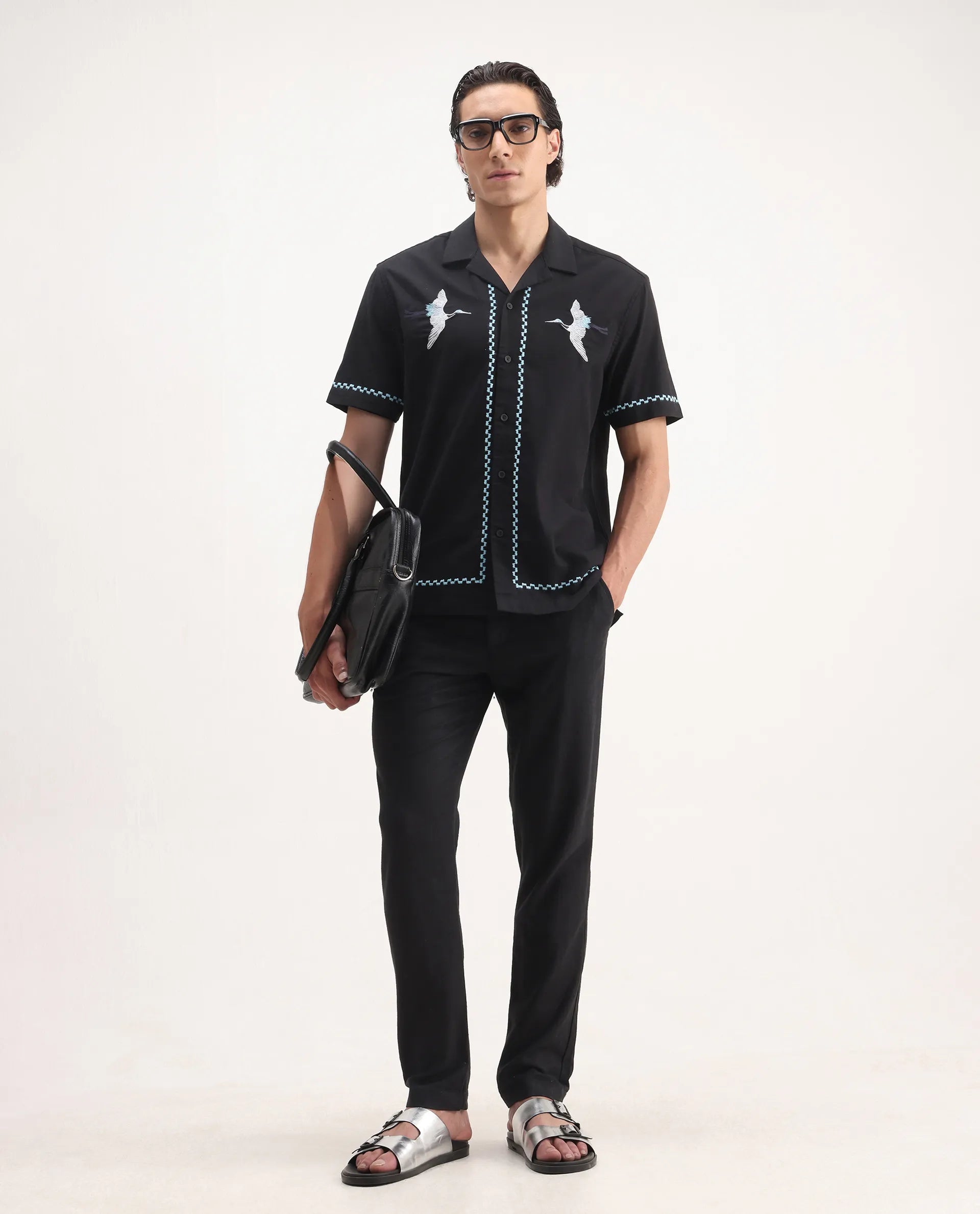 Rare Rabbit Men's Yoko Black Cotton Embroidered Boxy Fit Half Sleeve Cuban Collar Shirt