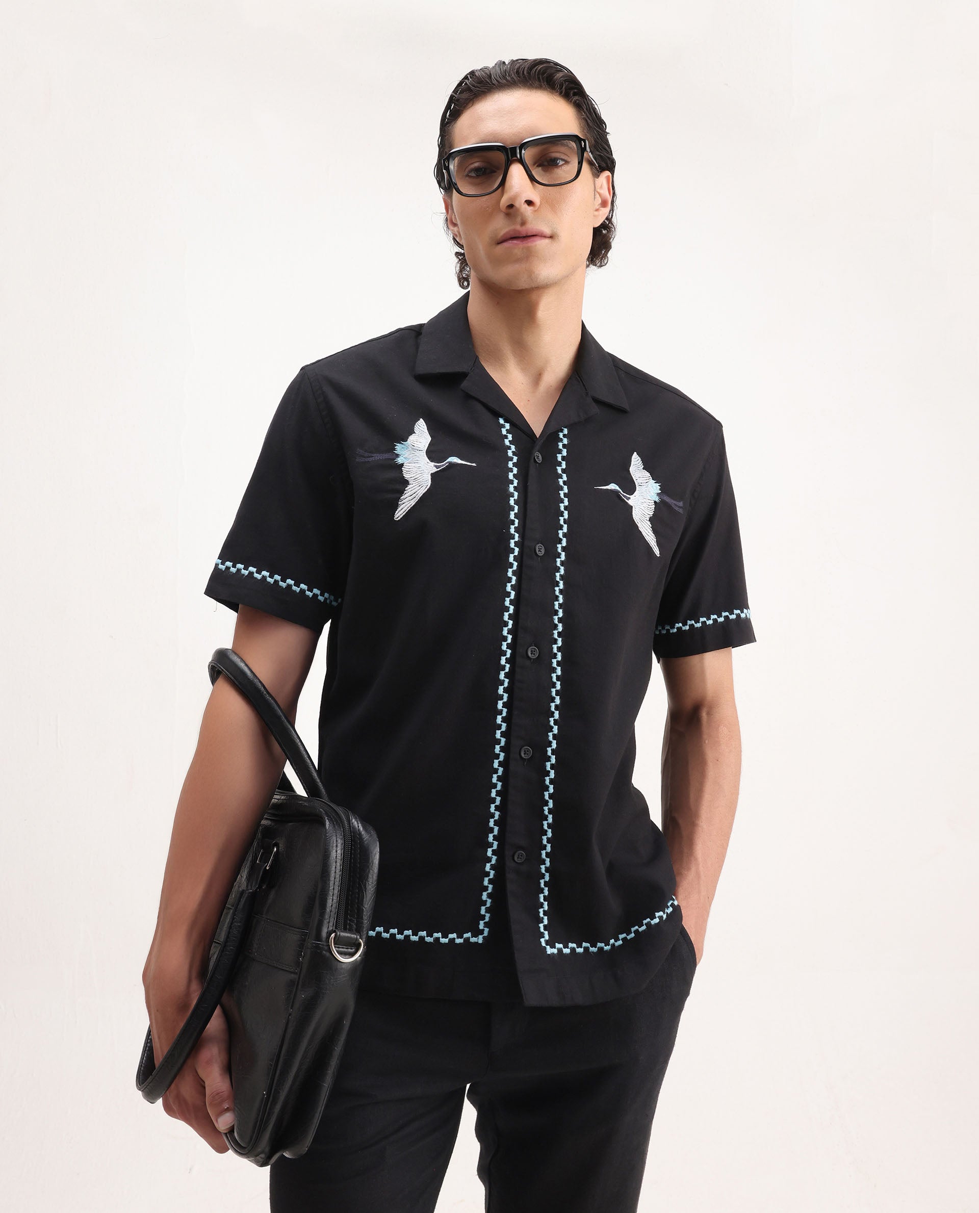 Rare Rabbit Men's Yoko Black Cotton Embroidered Boxy Fit Half Sleeve Cuban Collar Shirt