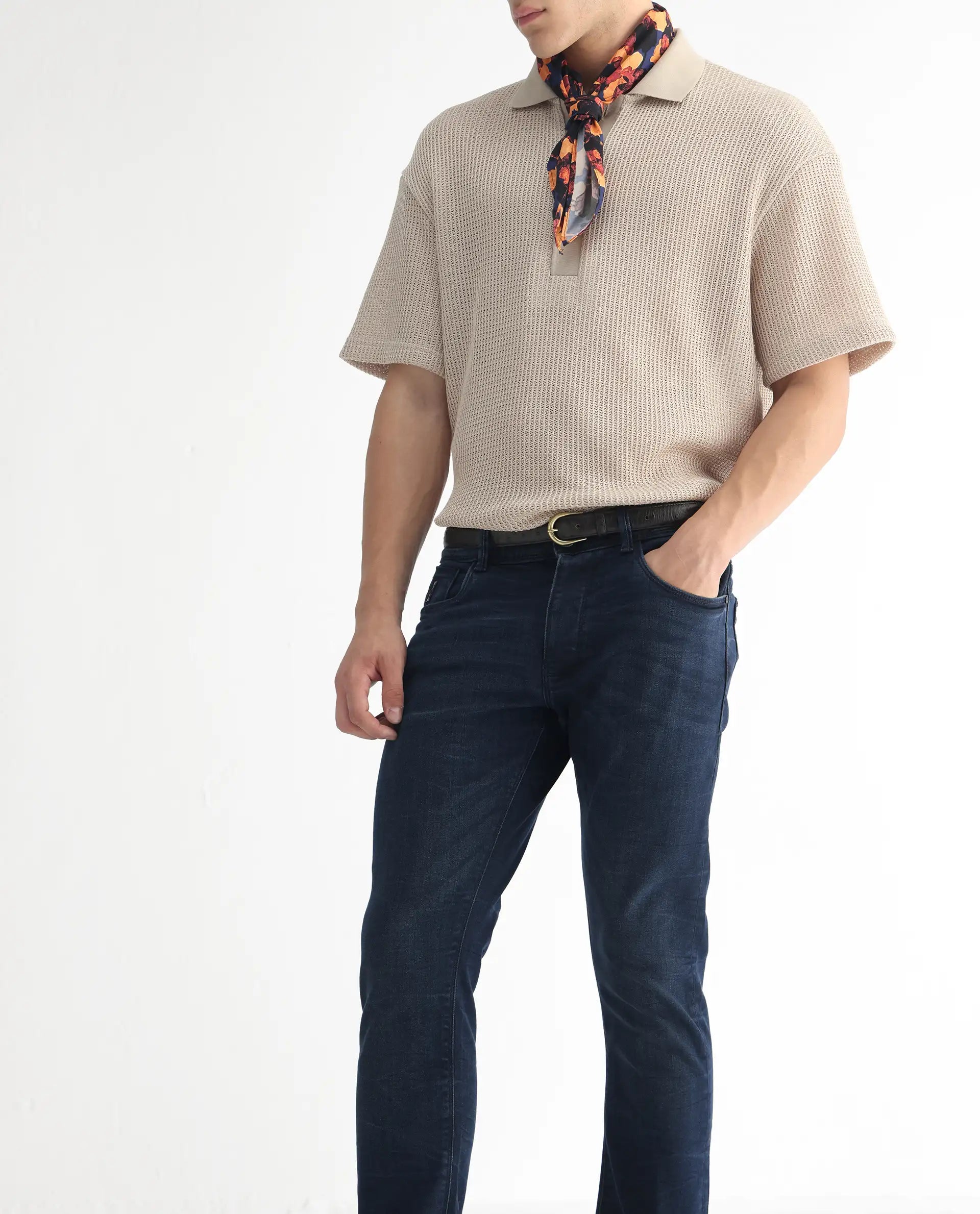 Rare Rabbit Men's Yoshi Dark Blue Cotton Plain Hawk Slim Fit Jeans