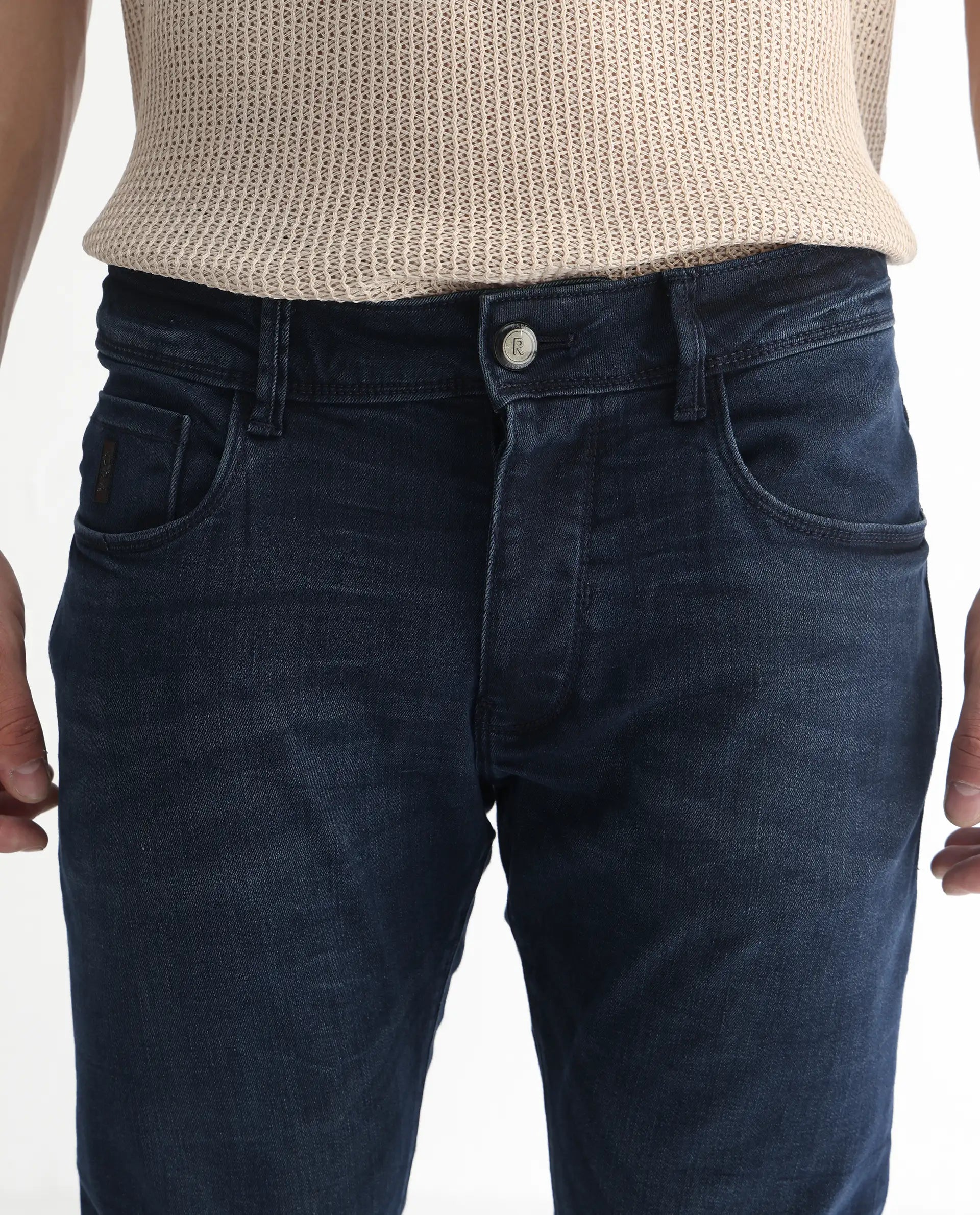 Rare Rabbit Men's Yoshi Dark Blue Cotton Plain Hawk Slim Fit Jeans