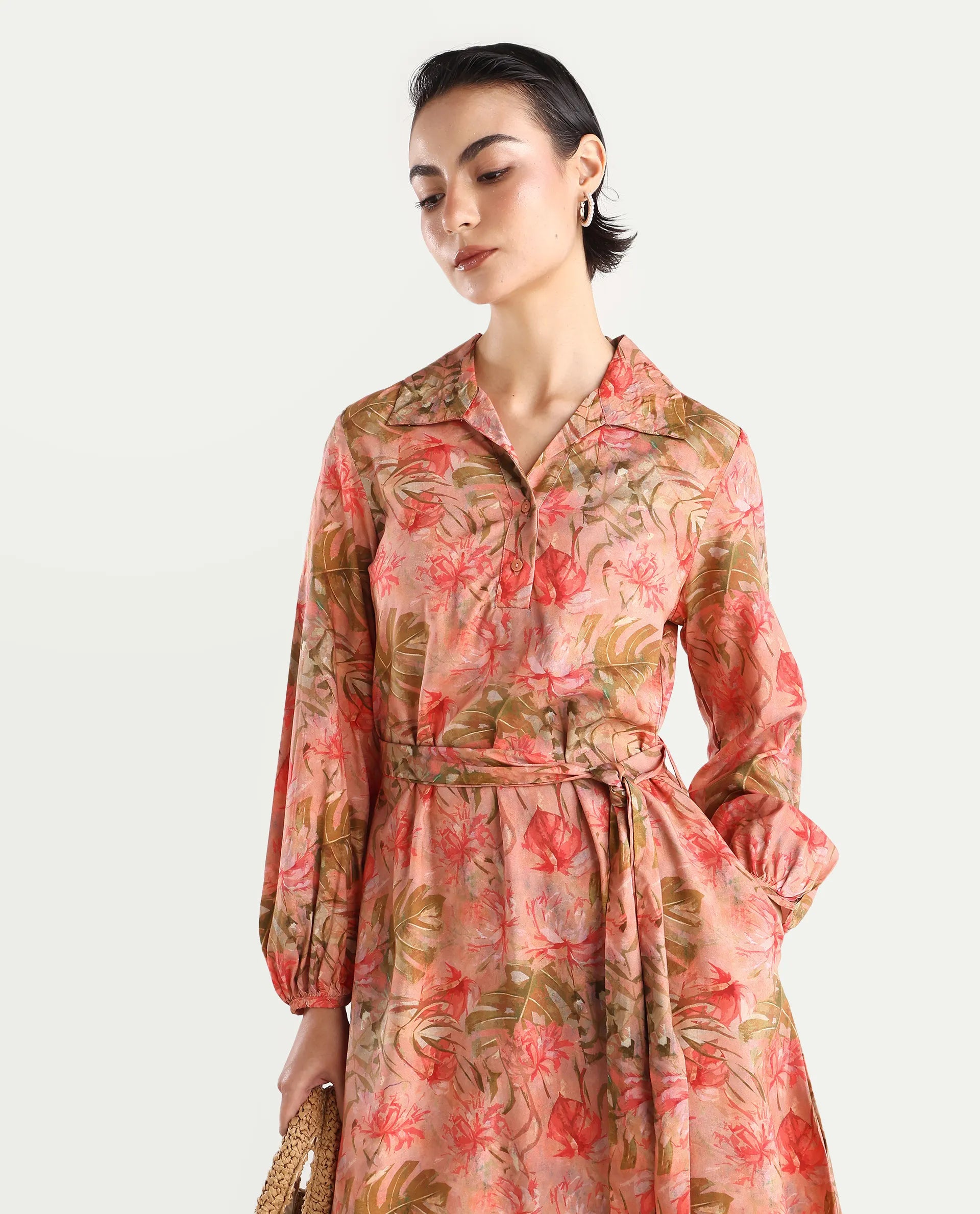 Rareism Women's Youat Multi Viscose Spread Collar Floral Print Bishop Sleeve Mini Fit And Flare Dress