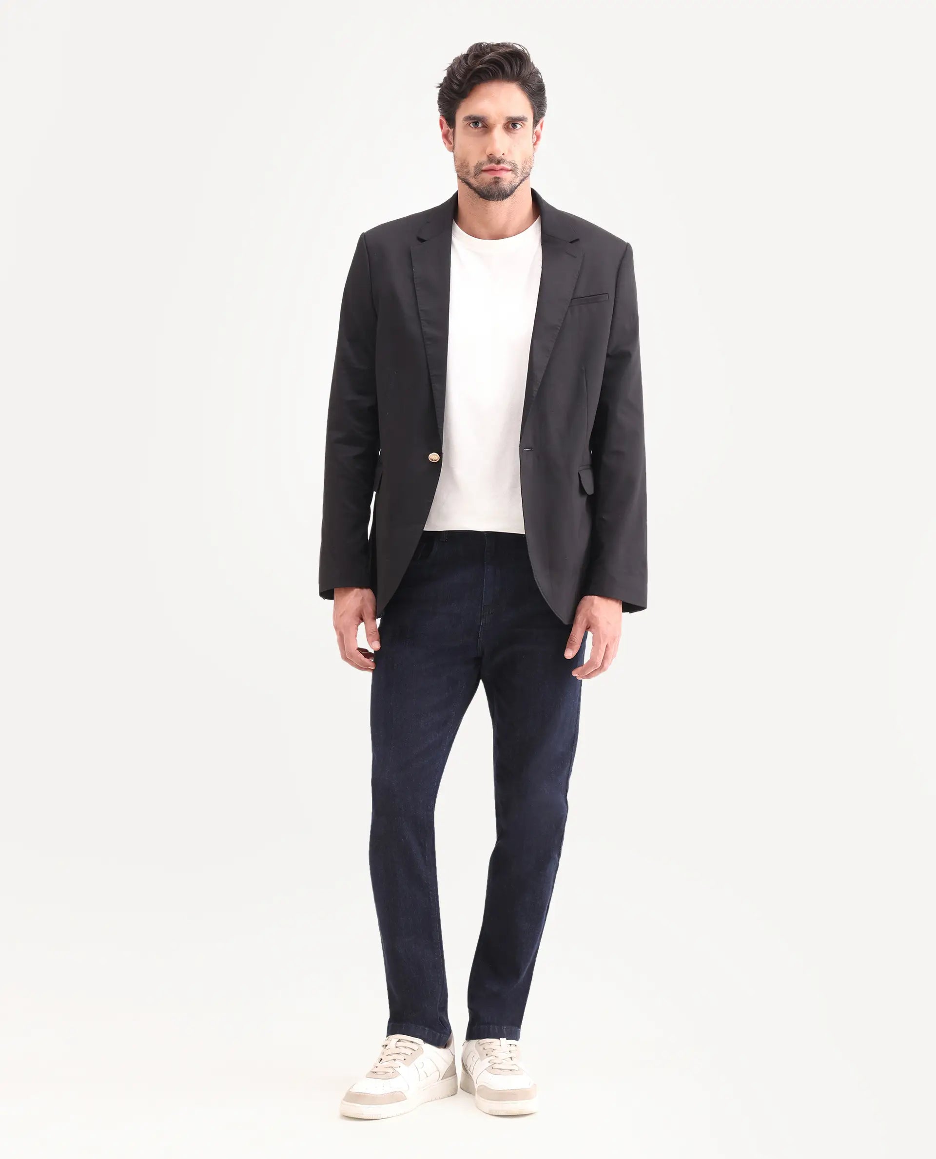 Rare Rabbit Men's Yukto K Dark Navy Cotton Blend Fabric Shank And Zipper Kurt Carrot Plain Jeans