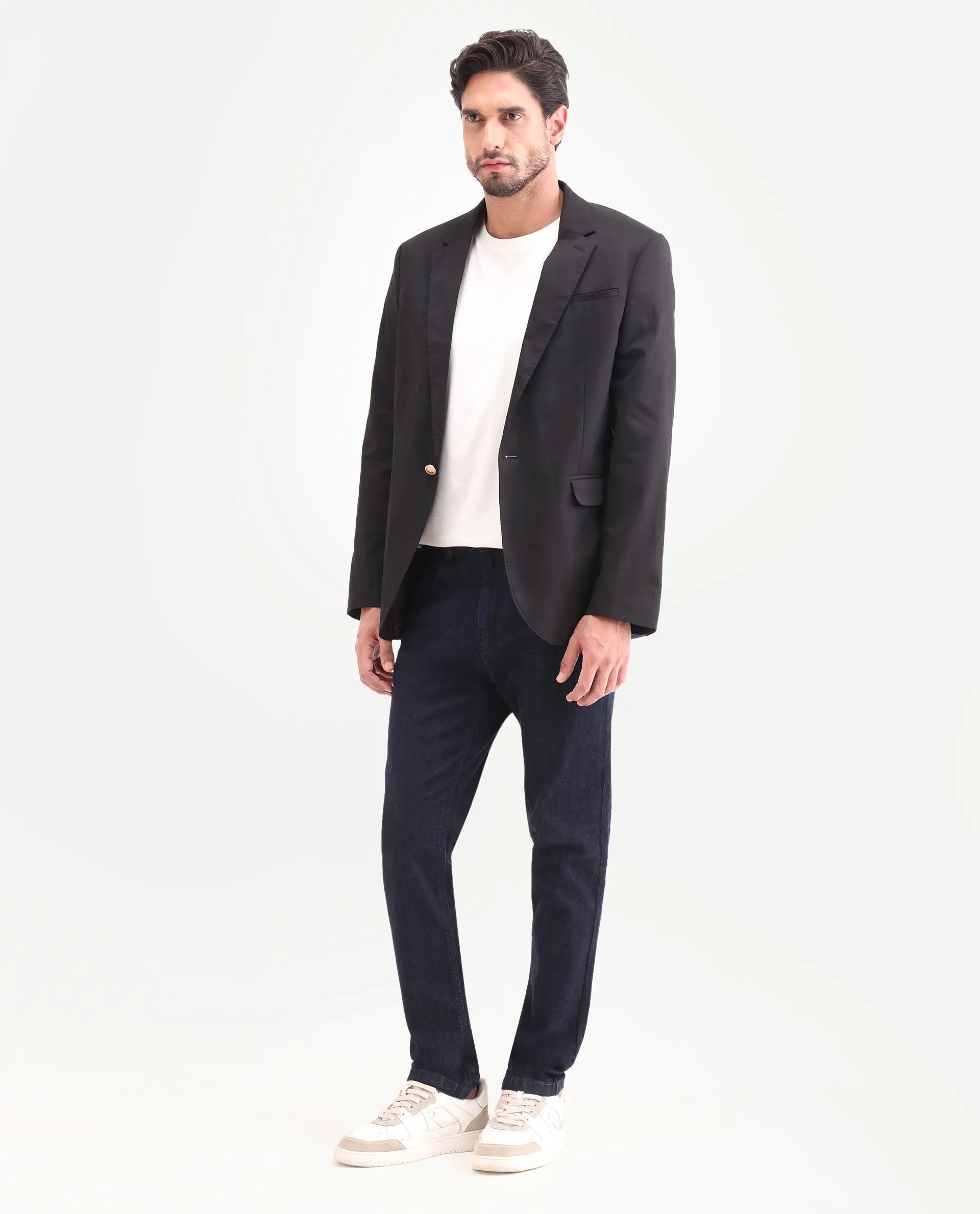 Rare Rabbit Men's Yukto K Dark Navy Cotton Blend Fabric Shank And Zipper Kurt Carrot Plain Jeans