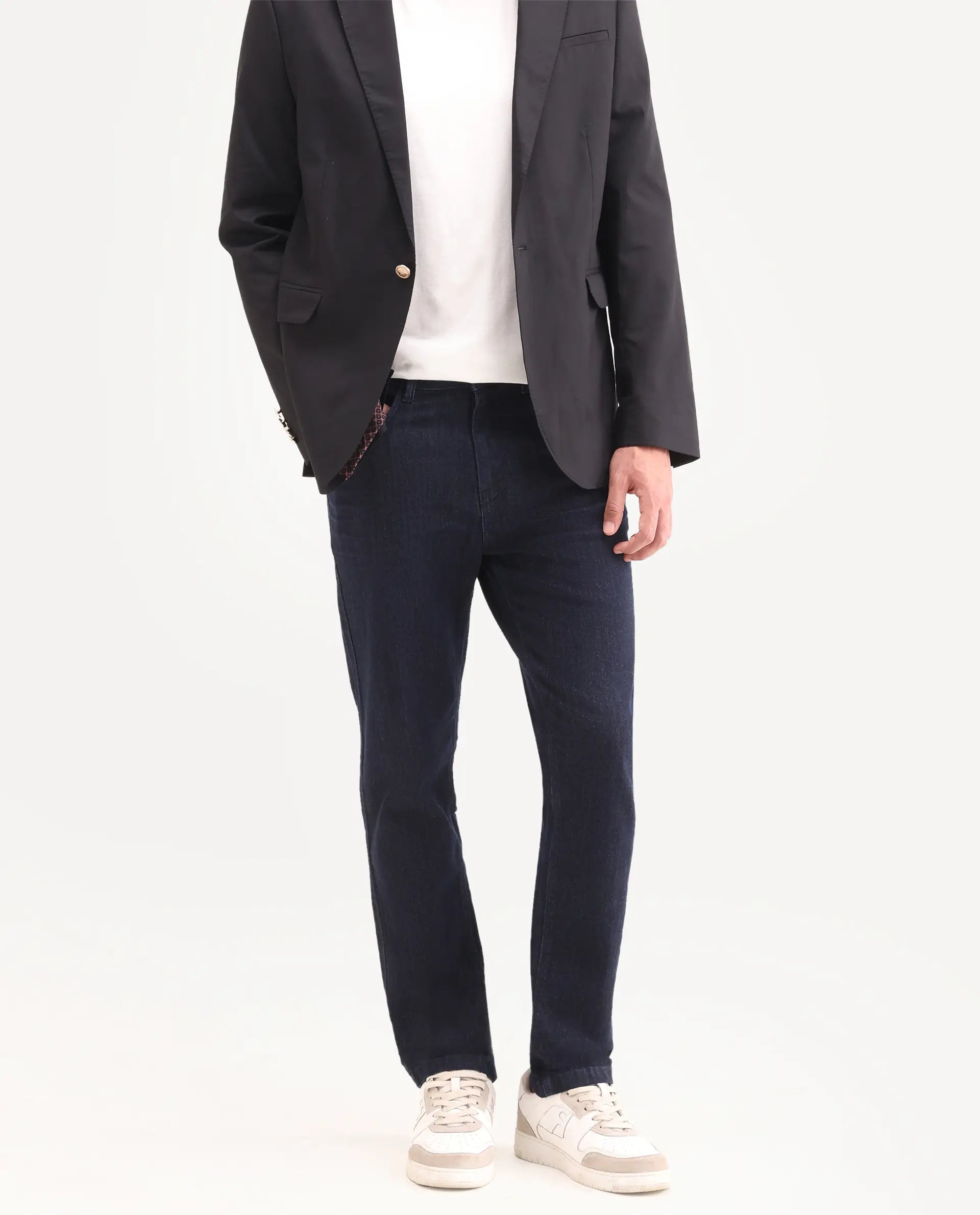 Rare Rabbit Men's Yukto K Dark Navy Cotton Blend Fabric Shank And Zipper Kurt Carrot Plain Jeans