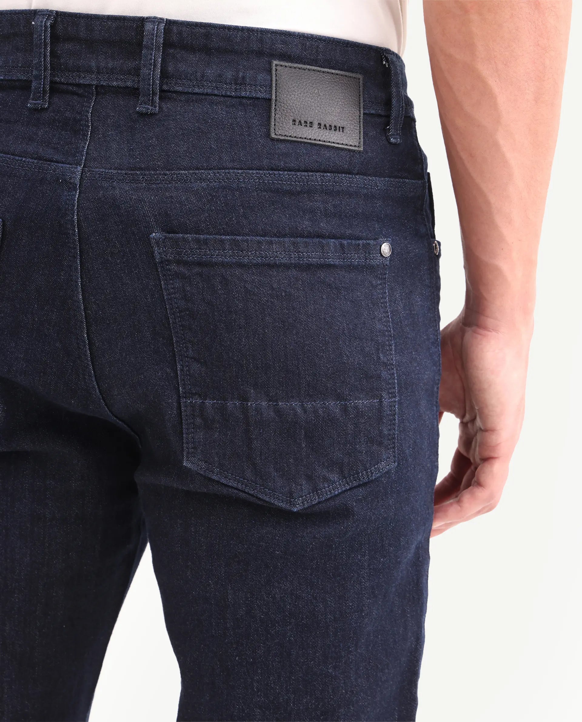 Rare Rabbit Men's Yukto K Dark Navy Cotton Blend Fabric Shank And Zipper Kurt Carrot Plain Jeans