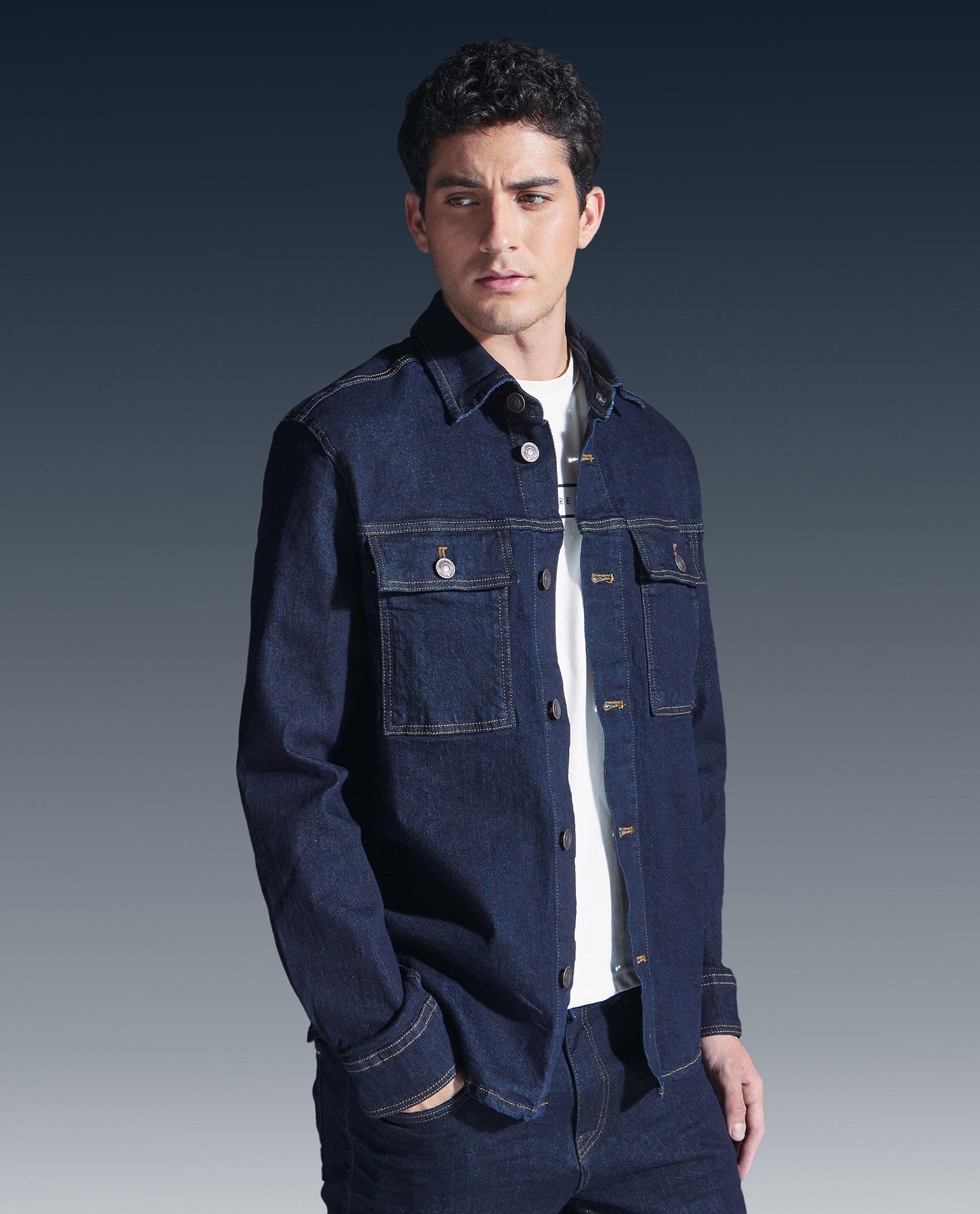 Rare Rabbit Men Yulio Navy Cotton Fabric Full Sleeves Broad Collar Button Closure Slim Fit Plain Jacket