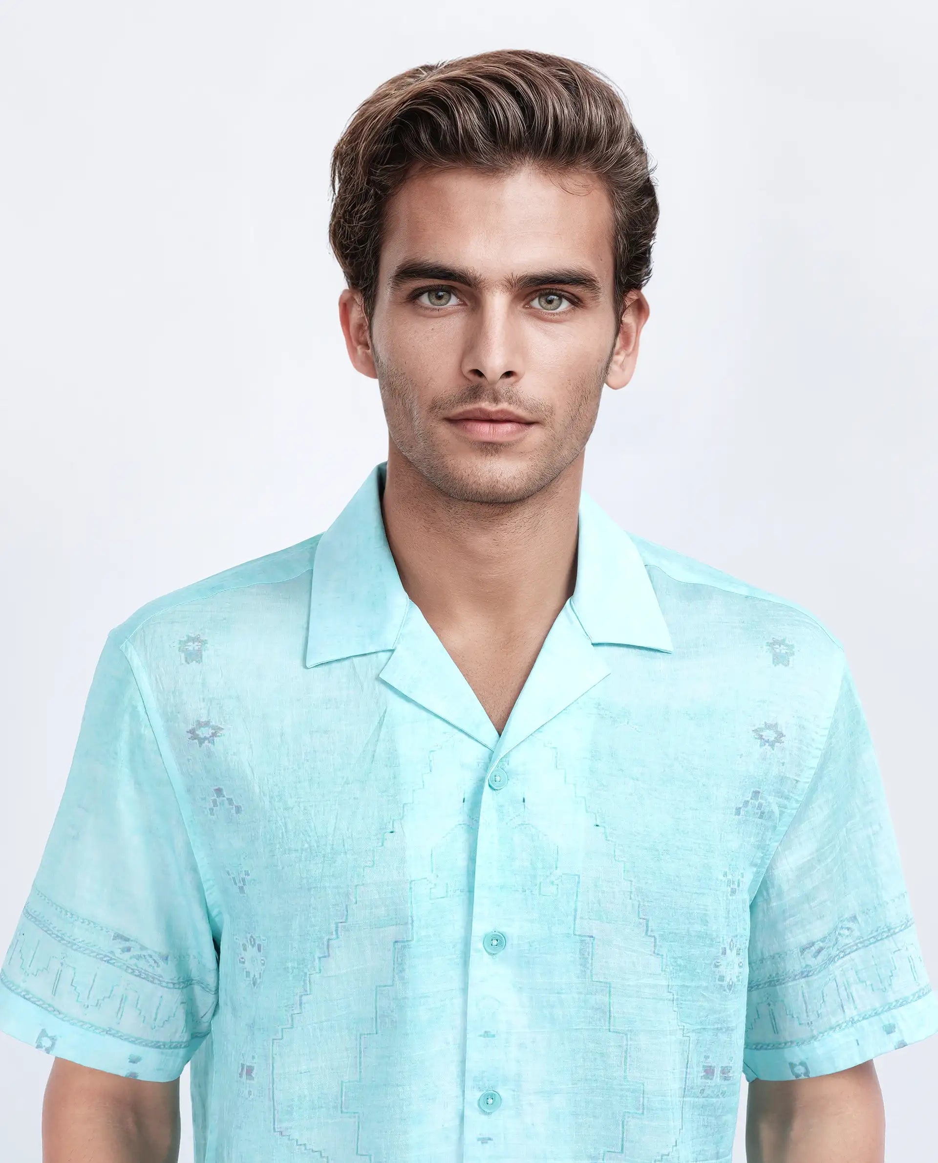 Rare Rabbit Men's Yusi Blue Viscose Jacquard Boxy Fit Half Sleeve Cuban Collar Shirt