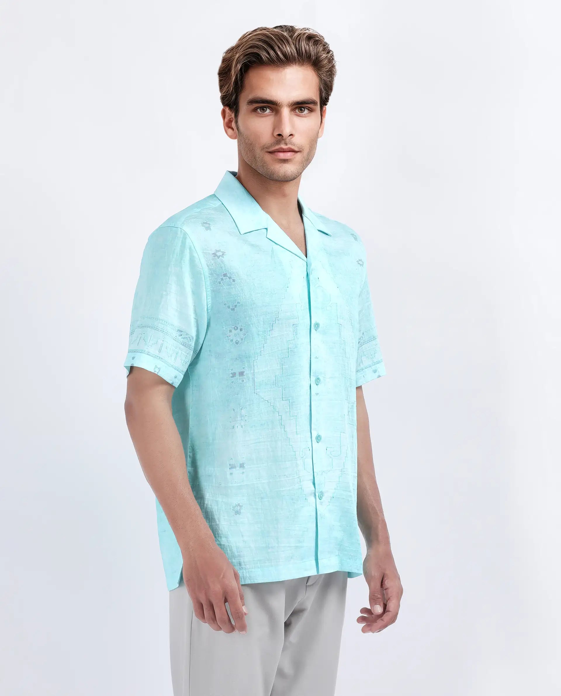 Rare Rabbit Men's Yusi Blue Viscose Jacquard Boxy Fit Half Sleeve Cuban Collar Shirt