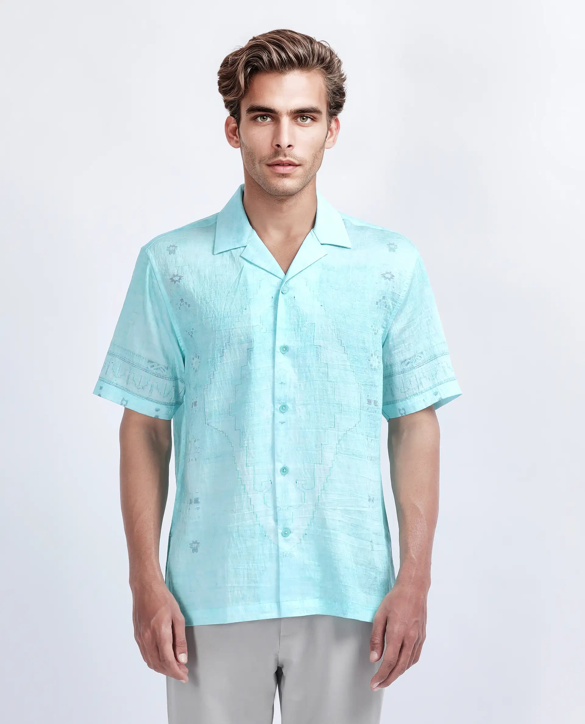 Rare Rabbit Men's Yusi Blue Viscose Jacquard Boxy Fit Half Sleeve Cuban Collar Shirt