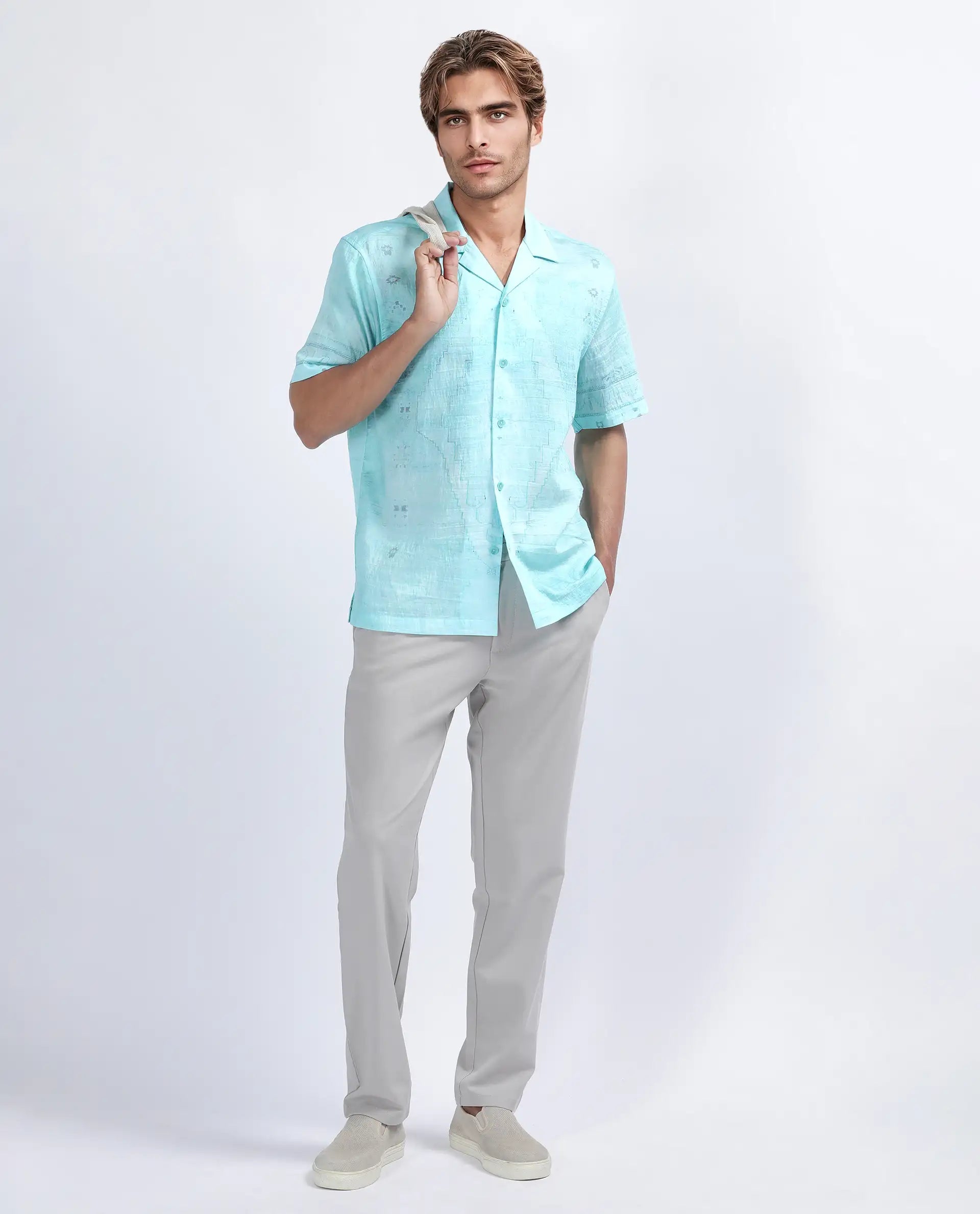 Rare Rabbit Men's Yusi Blue Viscose Jacquard Boxy Fit Half Sleeve Cuban Collar Shirt