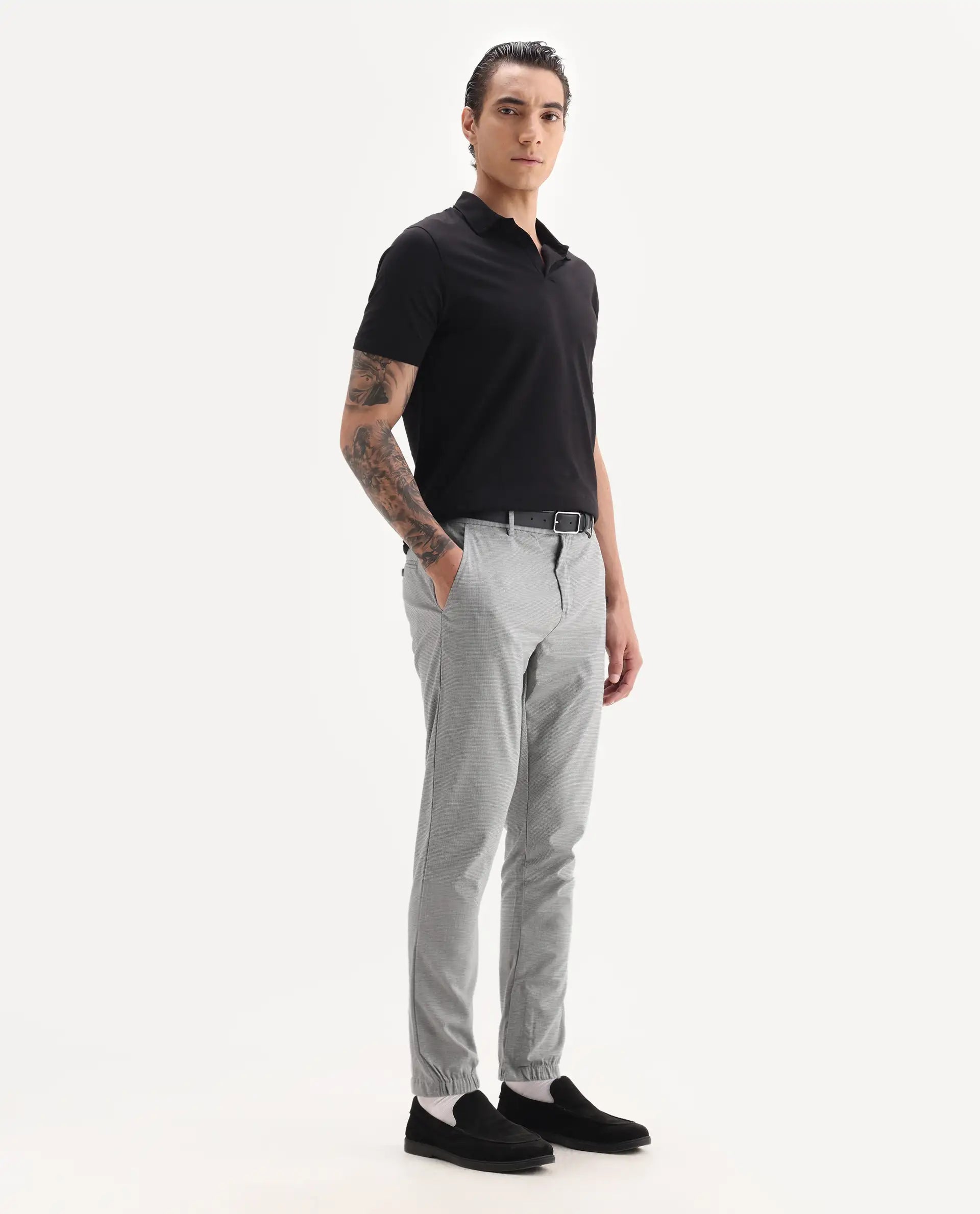 Rare Rabbit Men's Guild Casual Zader Grey Polyester Checked Print Regular Fit Trouser