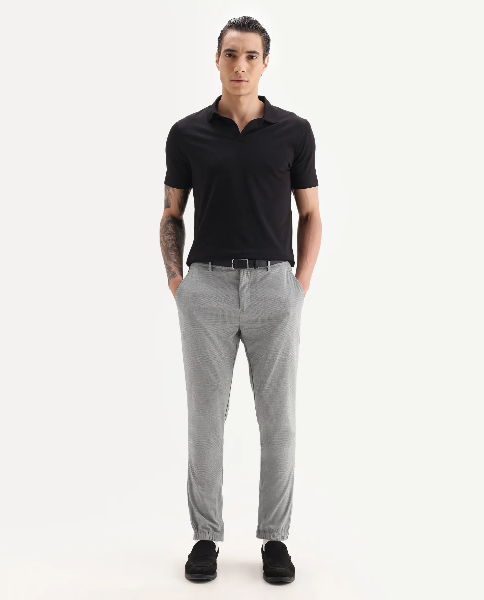 Rare Rabbit Men's Guild Casual Zader Grey Polyester Checked Print Regular Fit Trouser