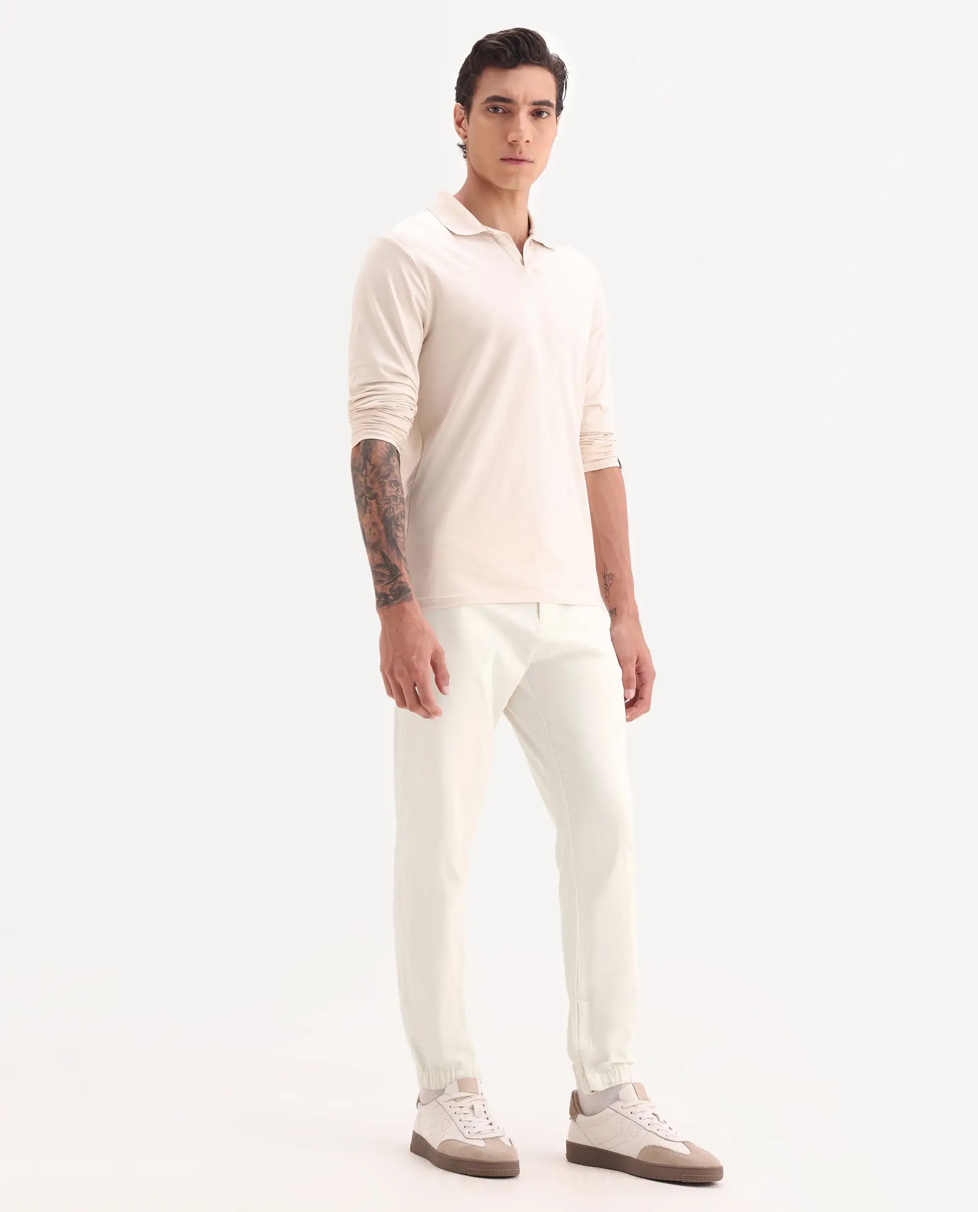 Rare Rabbit Men's Zade White Cotton Blend Plain Regular Fit Trouser