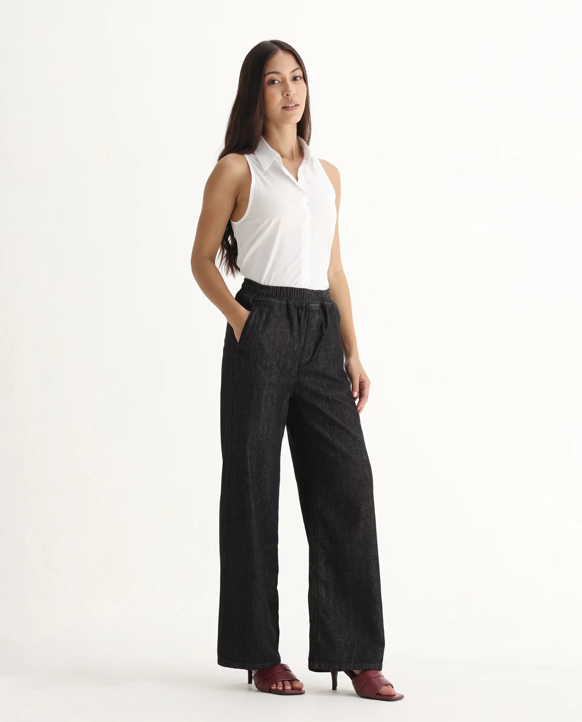 Rareism Women's Zalina Black Cotton Blend Plain Ankle Length Lounge Jeans