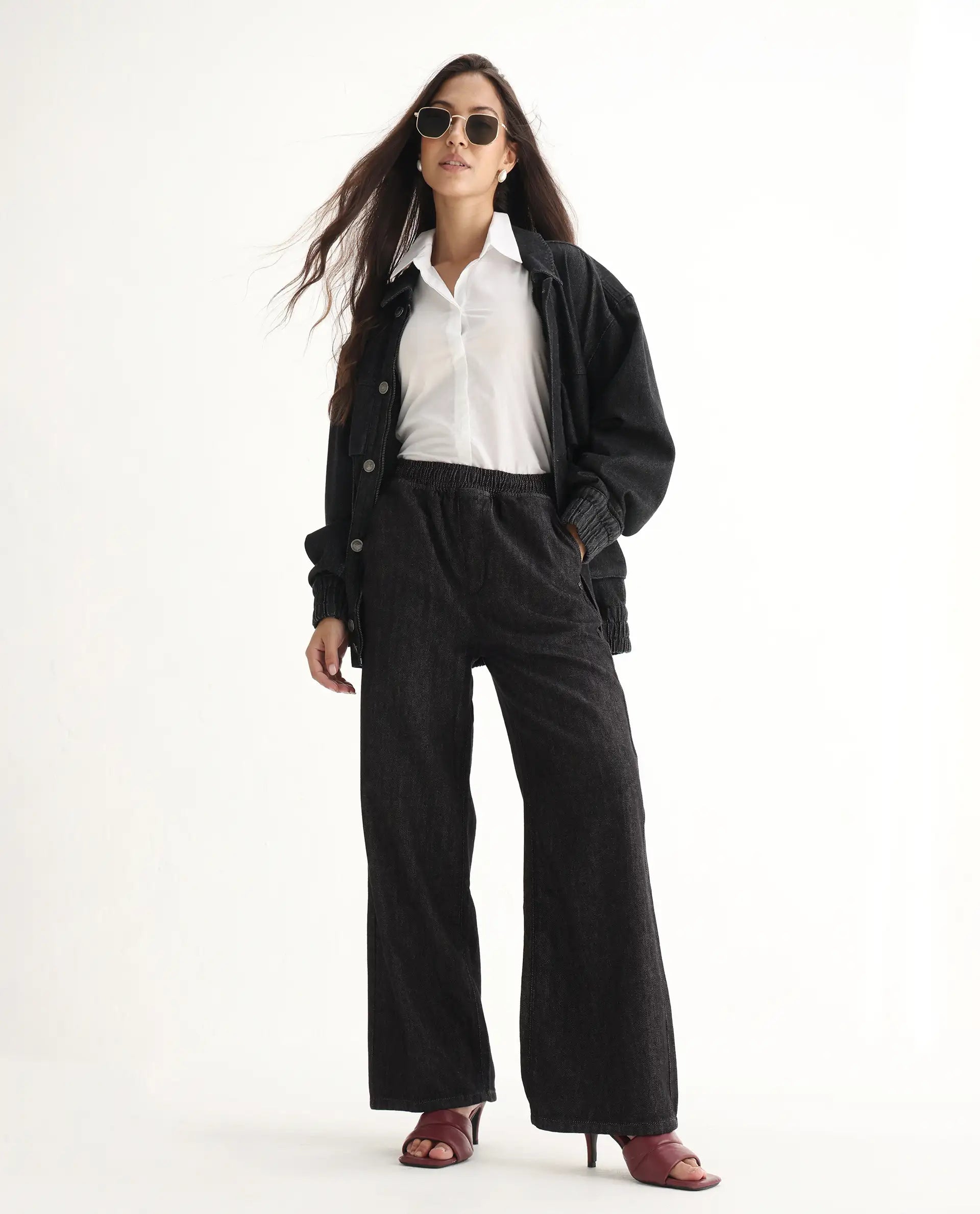 Rareism Women's Zalina Black Cotton Blend Plain Ankle Length Lounge Jeans