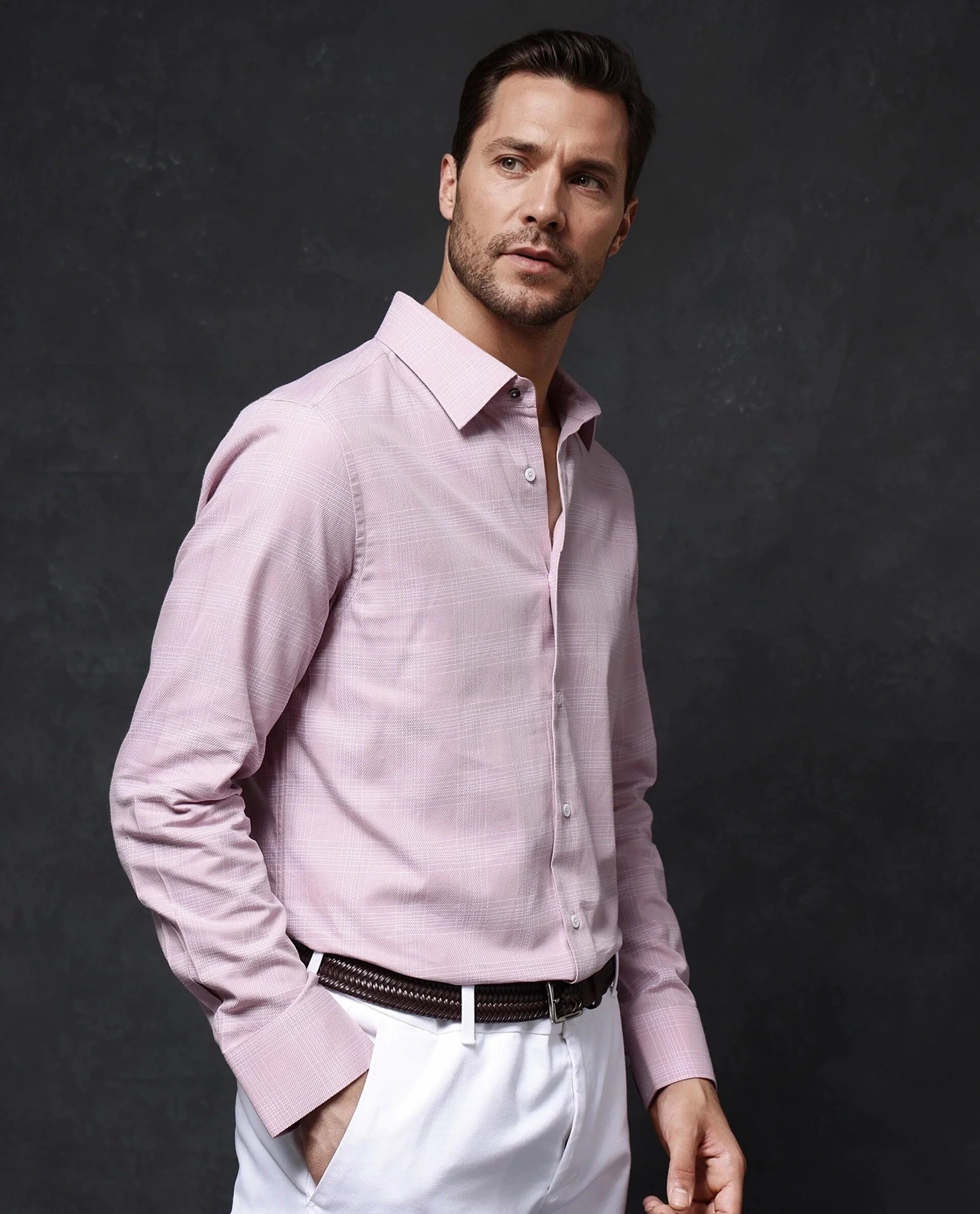 Rare Rabbit Men Zana Pink Cotton Fabric Full Sleeve Regular Fit Cavalry Twill Checks Shirt