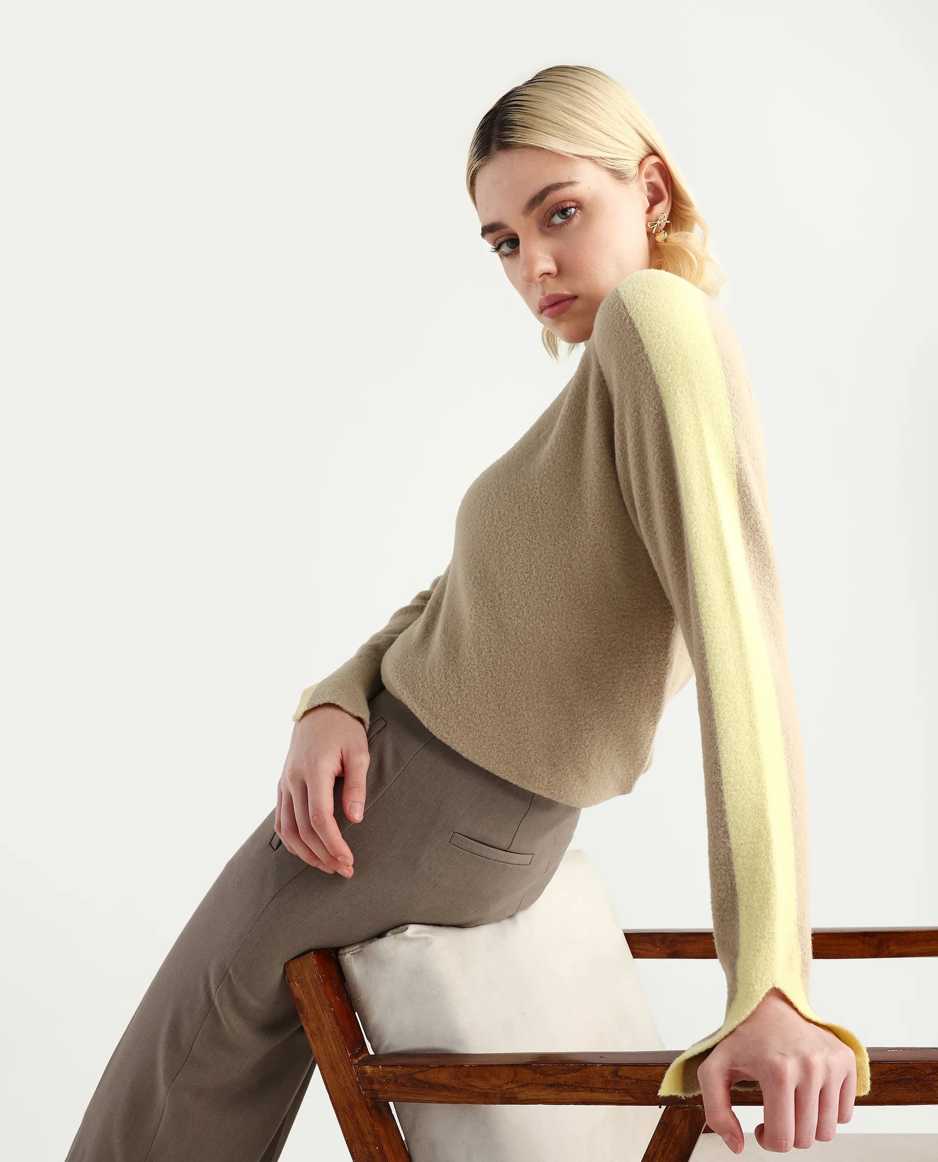 Rareism Women's Zanderyo Light Beige Nylon High Neck Relaxed Fit Sweater
