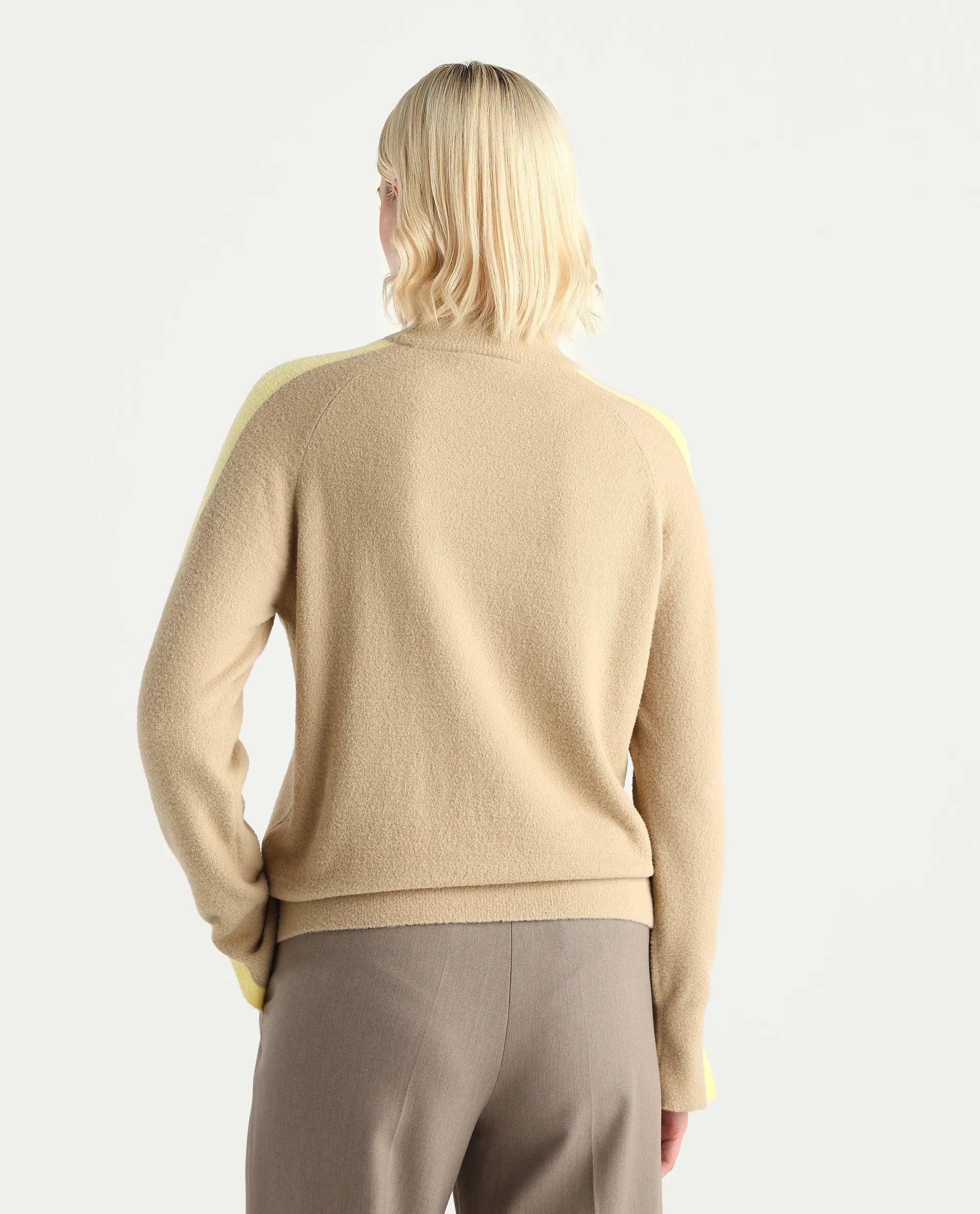 Rareism Women's Zanderyo Light Beige Nylon High Neck Relaxed Fit Sweater