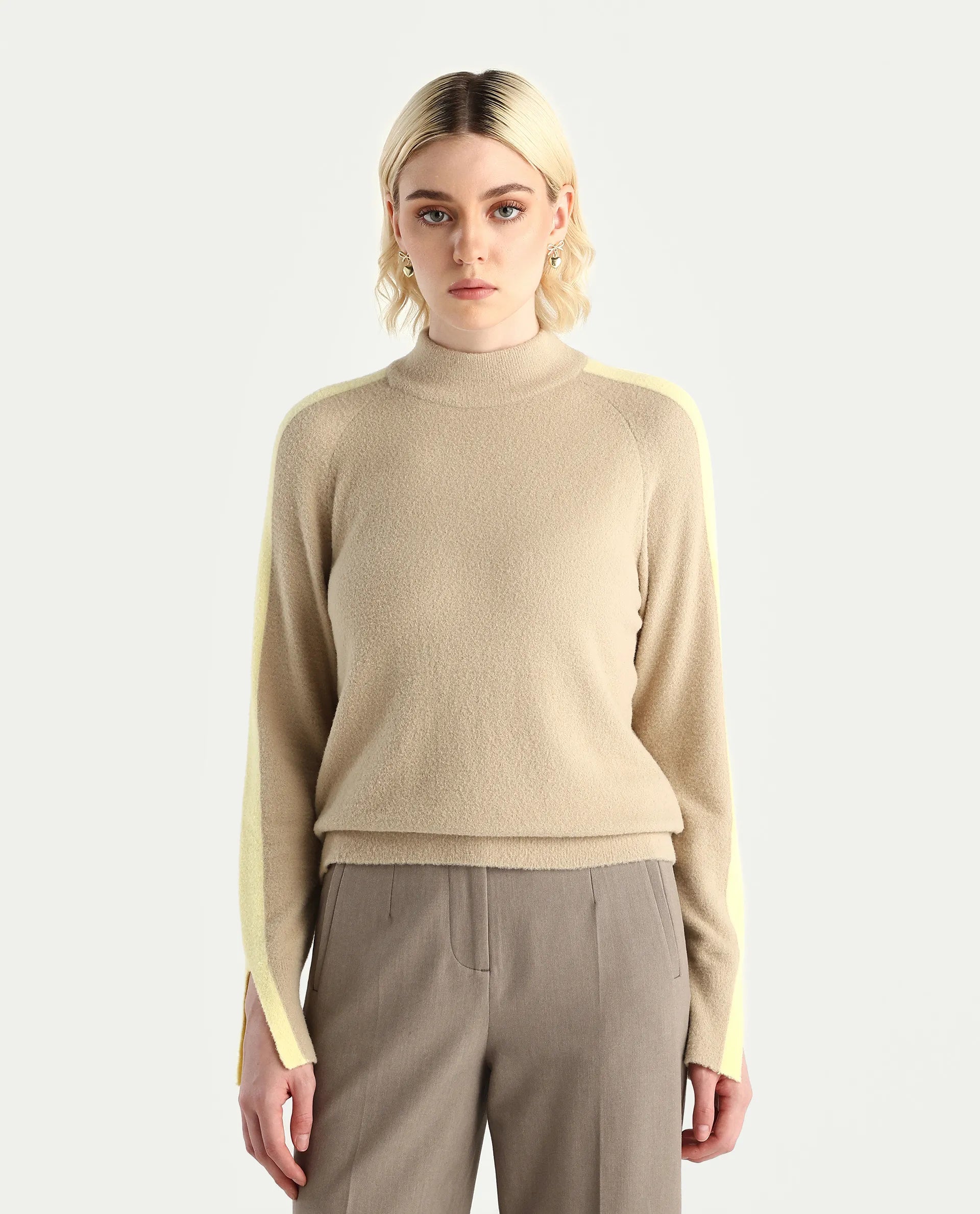 Rareism Women's Zanderyo Light Beige Nylon High Neck Relaxed Fit Sweater