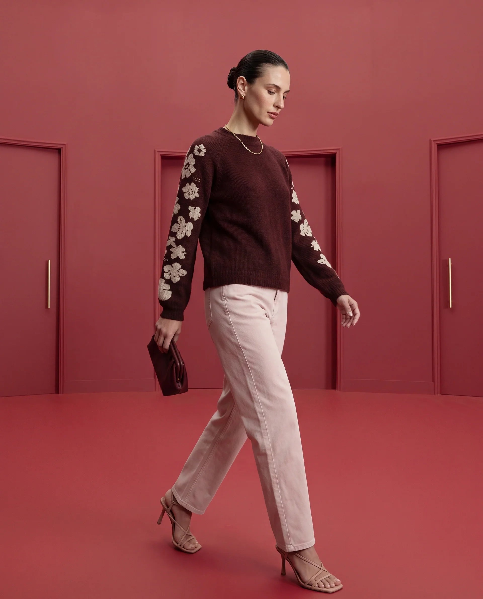 Rareism Women's Zaneaw26 Dark Maroon Acrylic Blend Pull-On Relaxed Fit Floral Print Sweater
