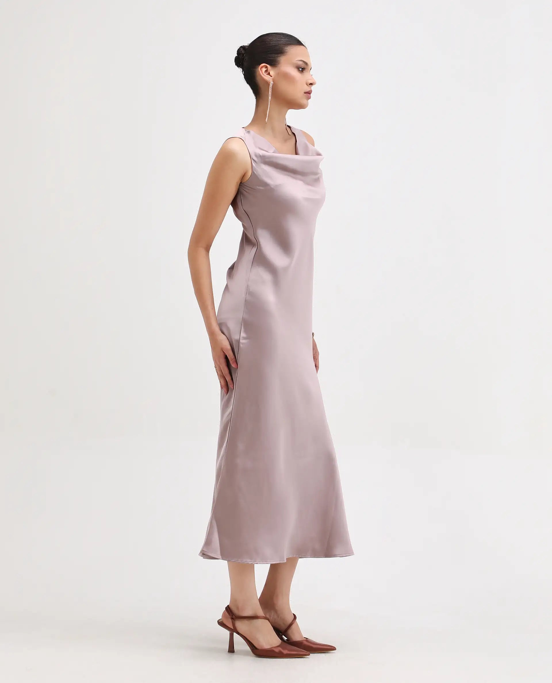 Rareism Women's Zarina Dusky Beige Polyester Cowl Neck Plain Sleeveless Maxi Straight Fit Dress