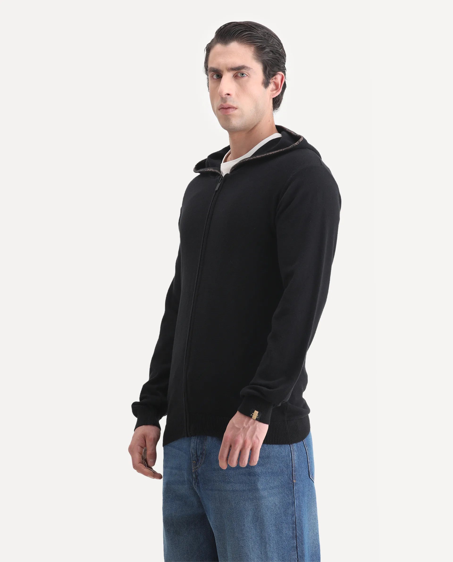 Rare Rabbit Men's Zarry Black Cotton Plain Regular Fit Full Sleeve Hooded Jacket