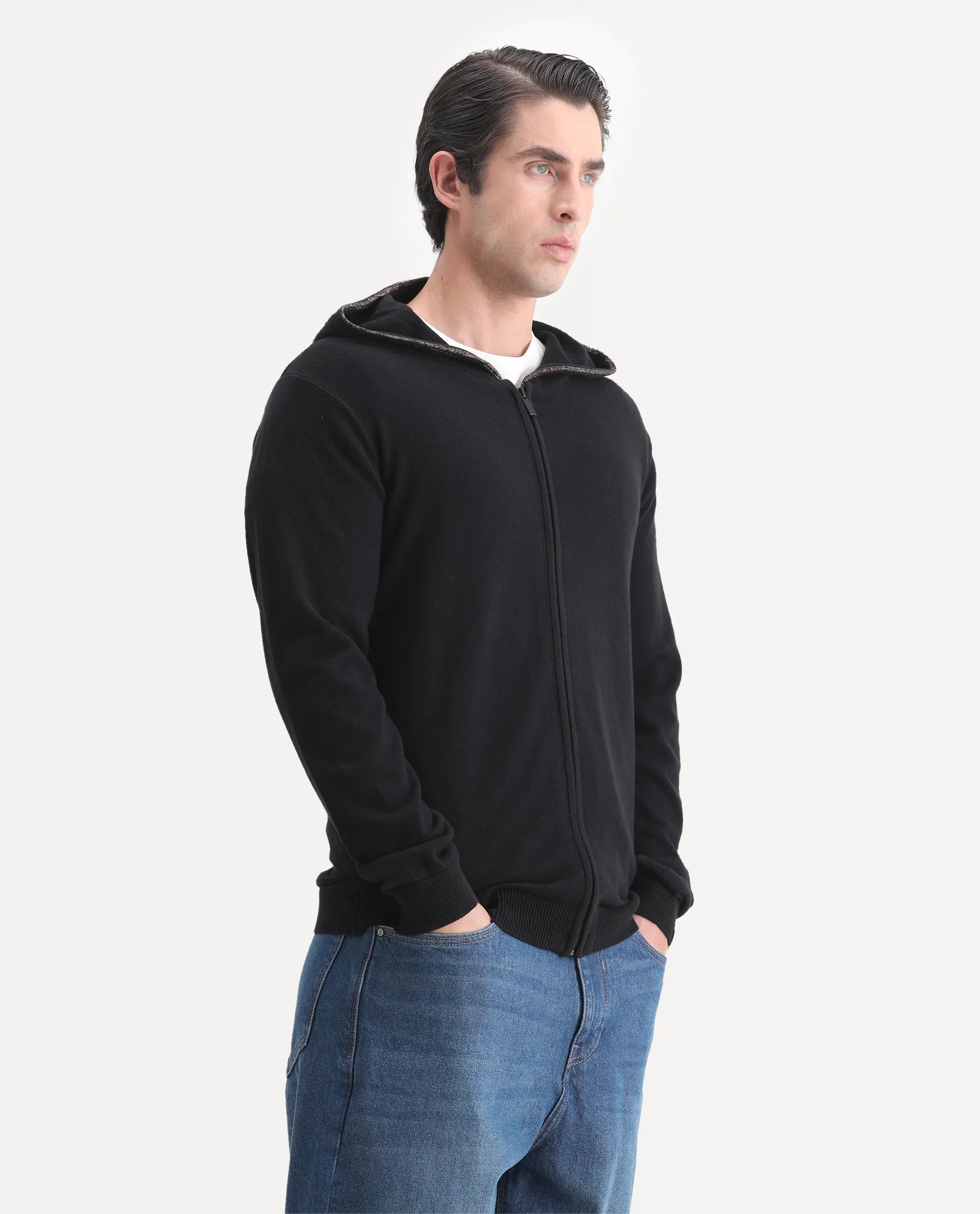 Rare Rabbit Men's Zarry Black Cotton Plain Regular Fit Full Sleeve Hooded Jacket