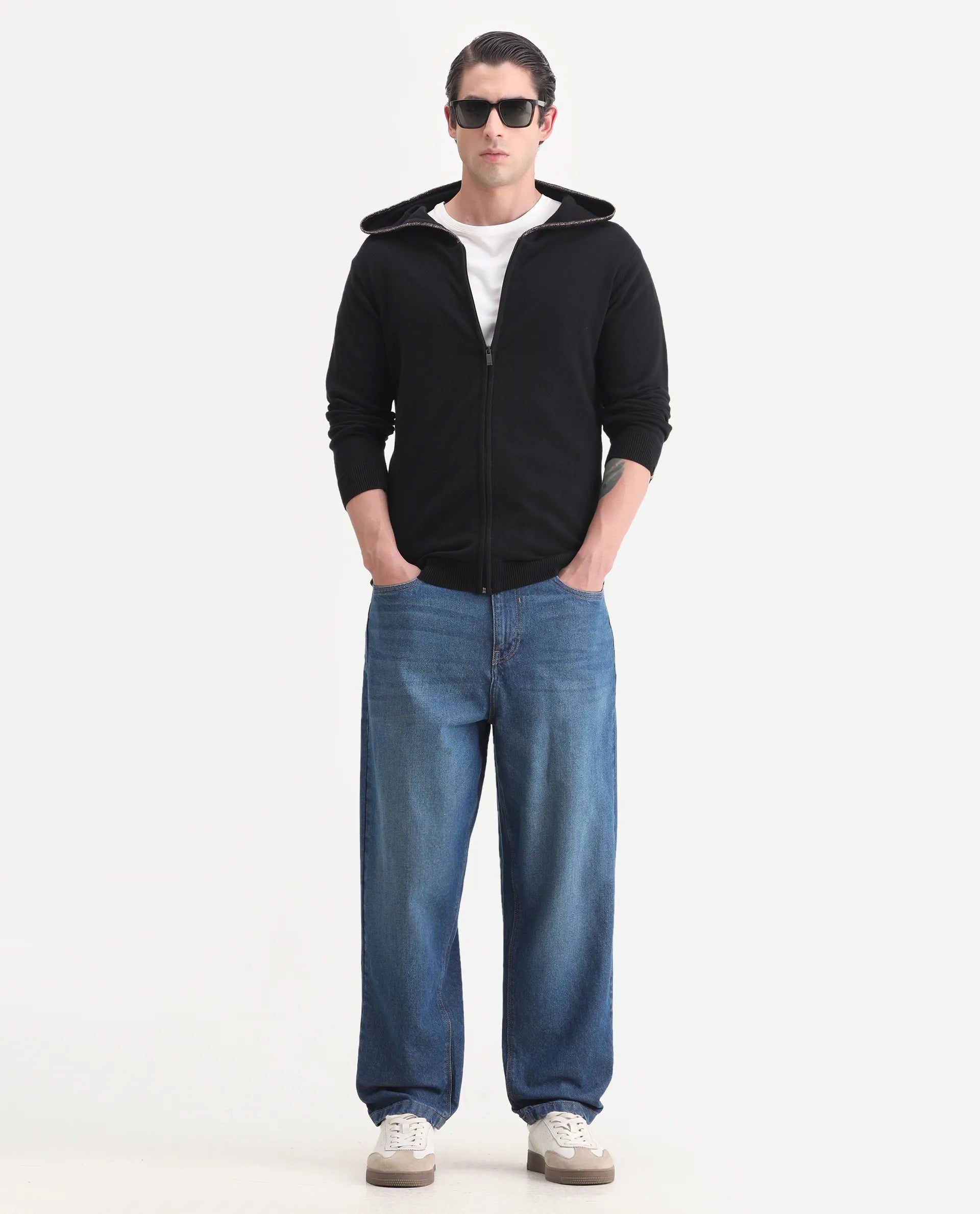 Rare Rabbit Men's Zarry Black Cotton Plain Regular Fit Full Sleeve Hooded Jacket