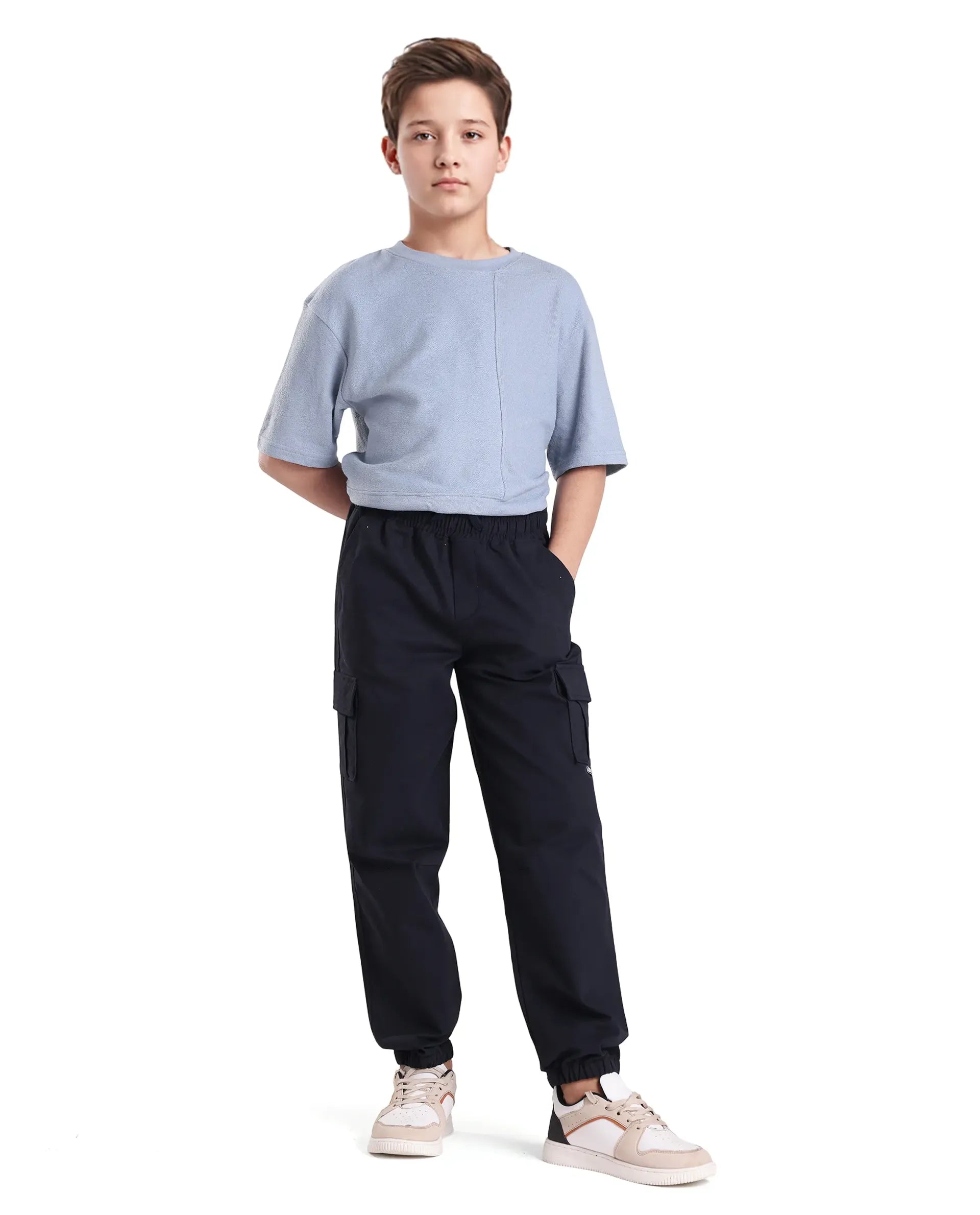 Rare Ones Kids Zash Navy Cotton Solid Button & Zip Closure Regular Fit Trouser