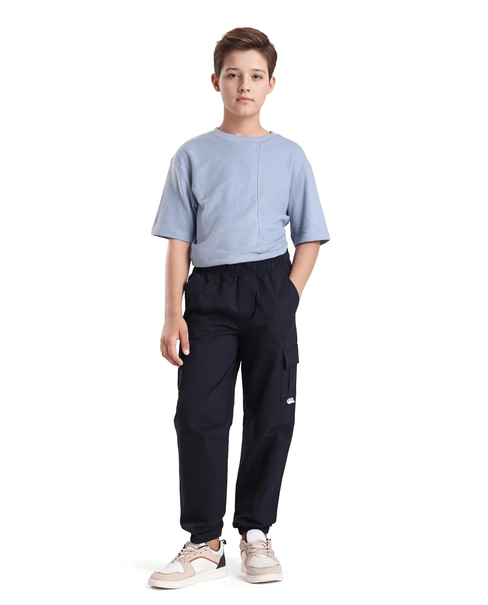Rare Ones Kids Zash Navy Cotton Solid Button & Zip Closure Regular Fit Trouser