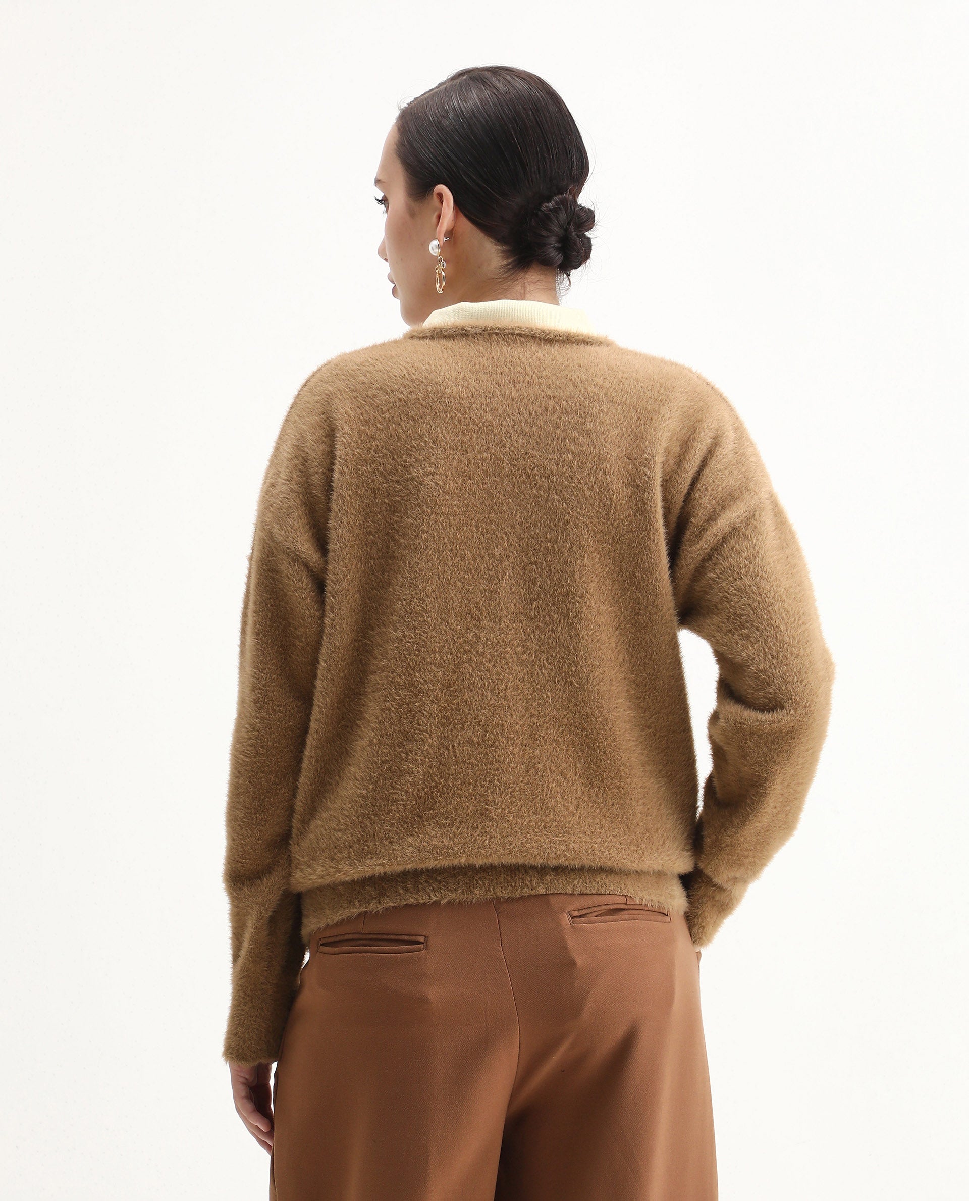 Rareism Women's Zavi Khaki Nylon V-Neck Relaxed Fit Sweater