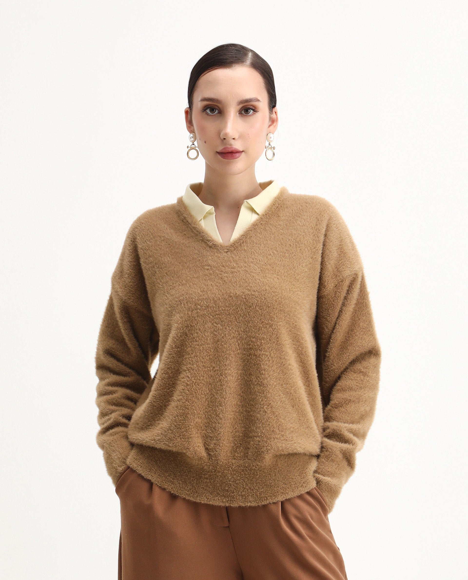 Rareism Women's Zavi Khaki Nylon V-Neck Relaxed Fit Sweater