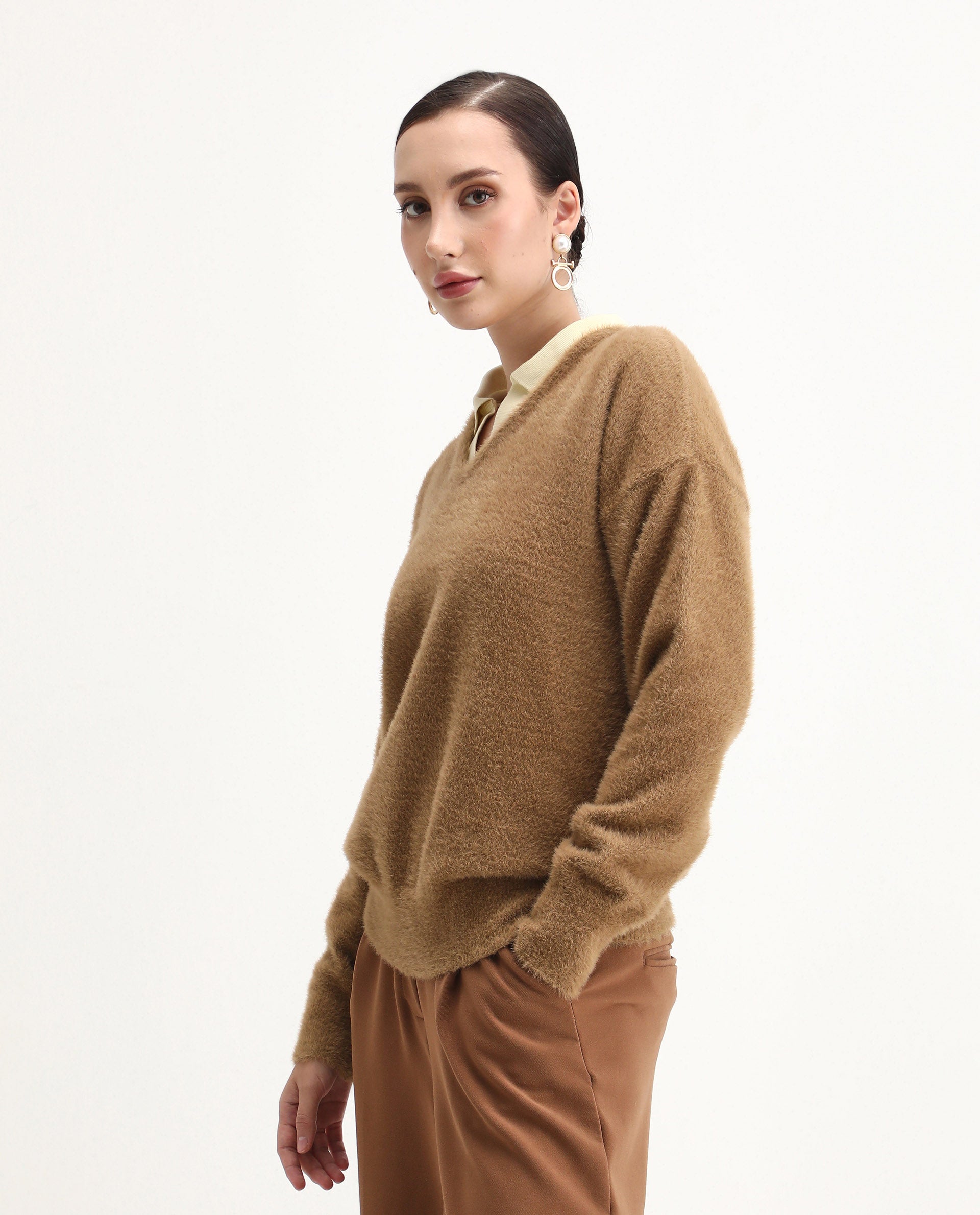 Rareism Women's Zavi Khaki Nylon V-Neck Relaxed Fit Sweater