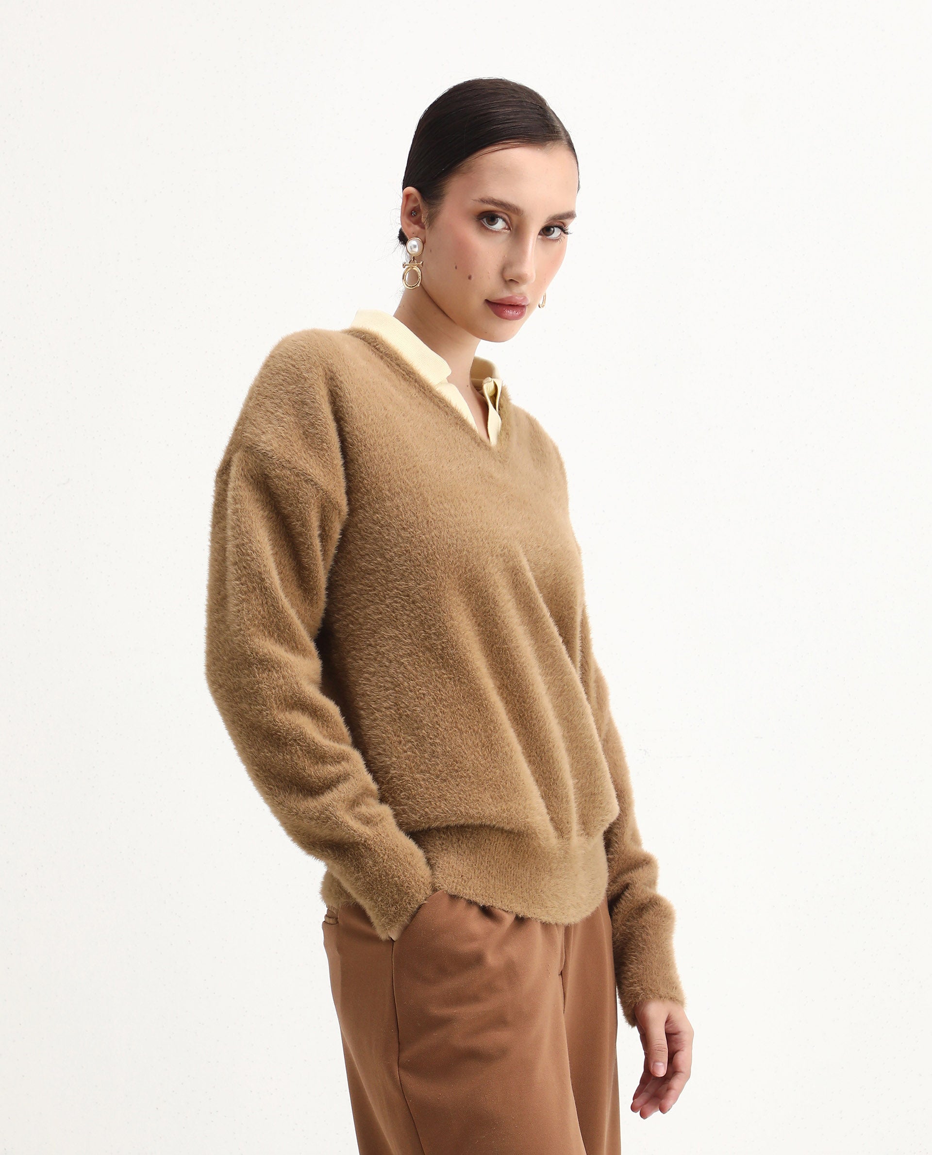 Rareism Women's Zavi Khaki Nylon V-Neck Relaxed Fit Sweater