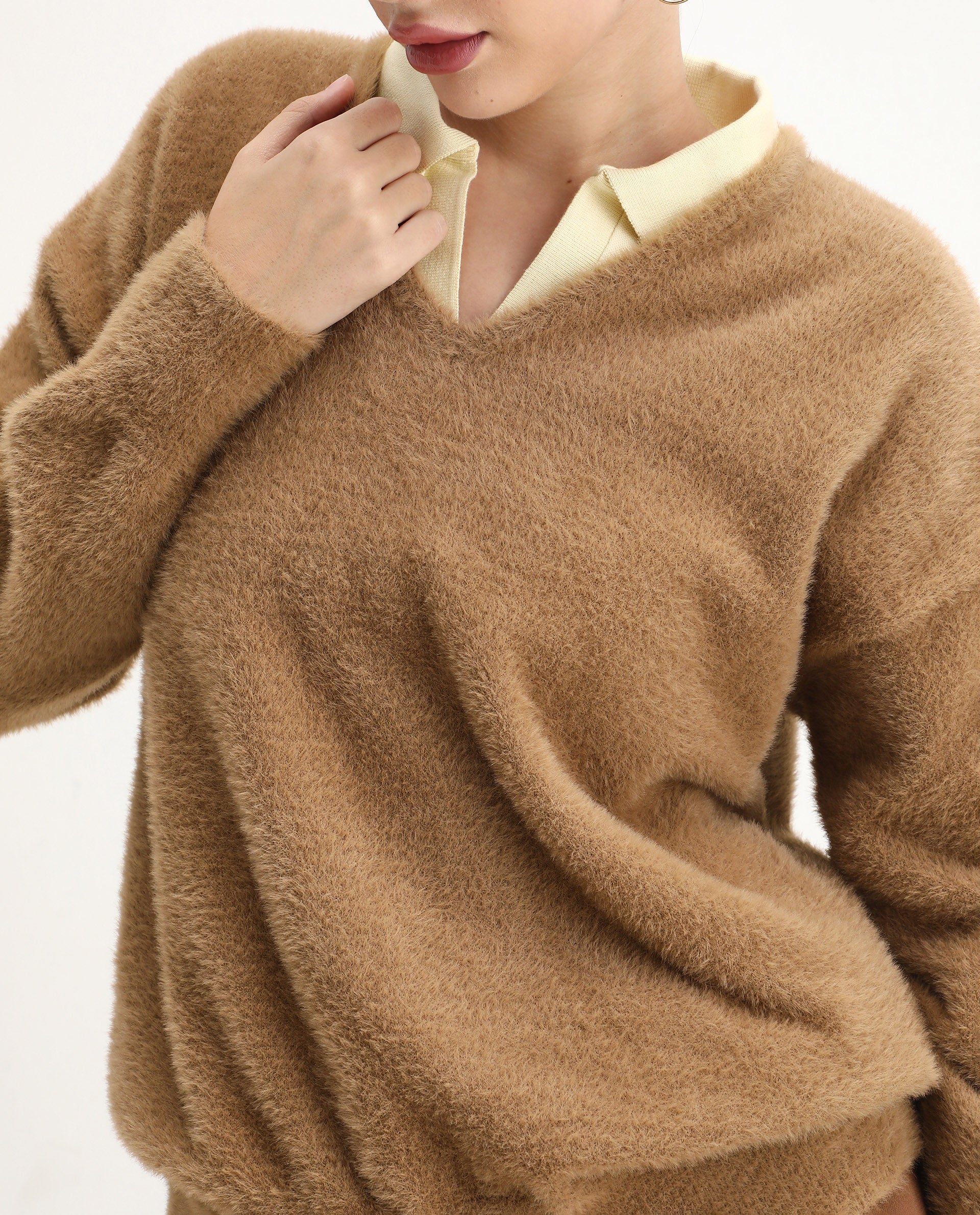 Rareism Women's Zavi Khaki Nylon V-Neck Relaxed Fit Sweater