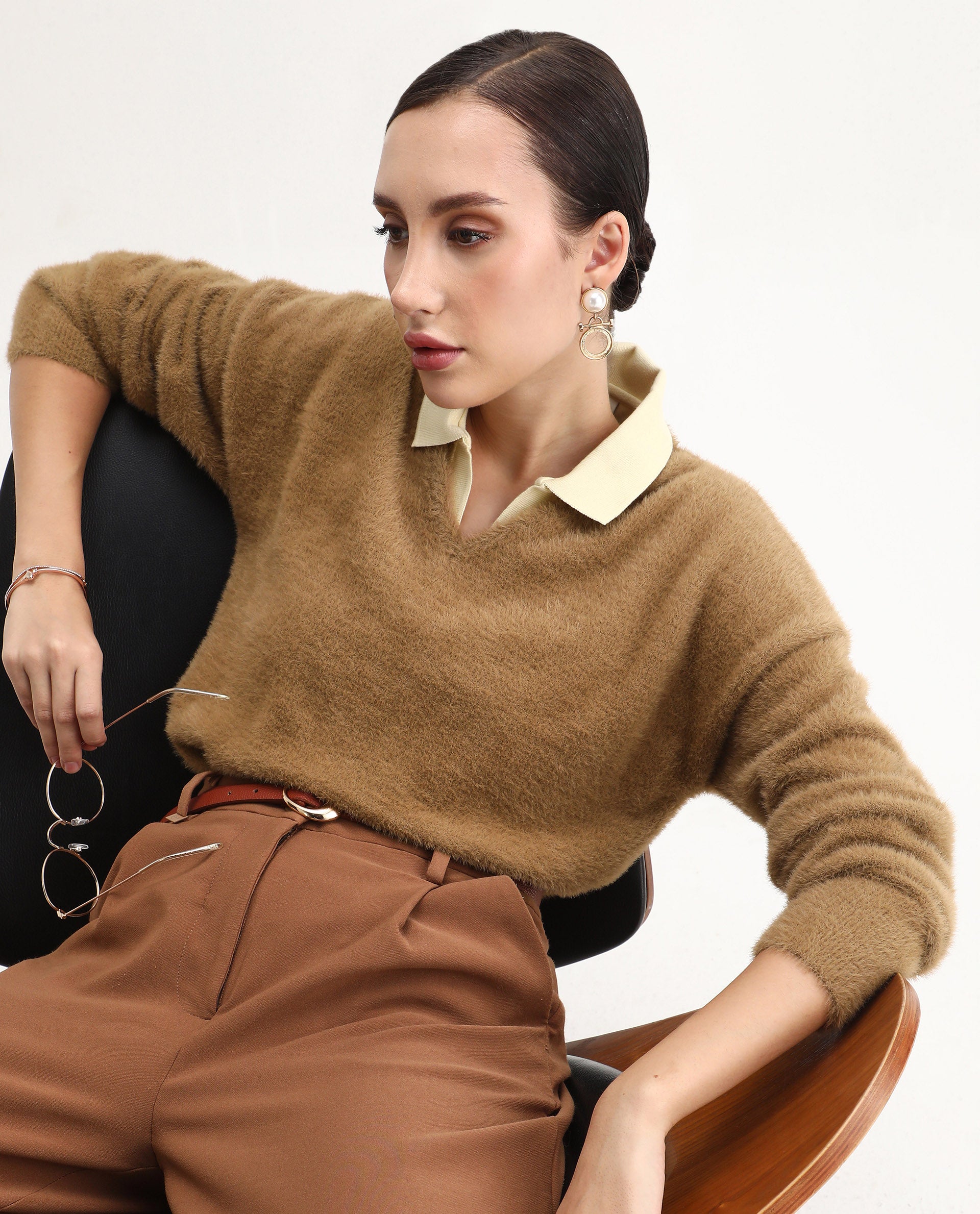Rareism Women's Zavi Khaki Nylon V-Neck Relaxed Fit Sweater