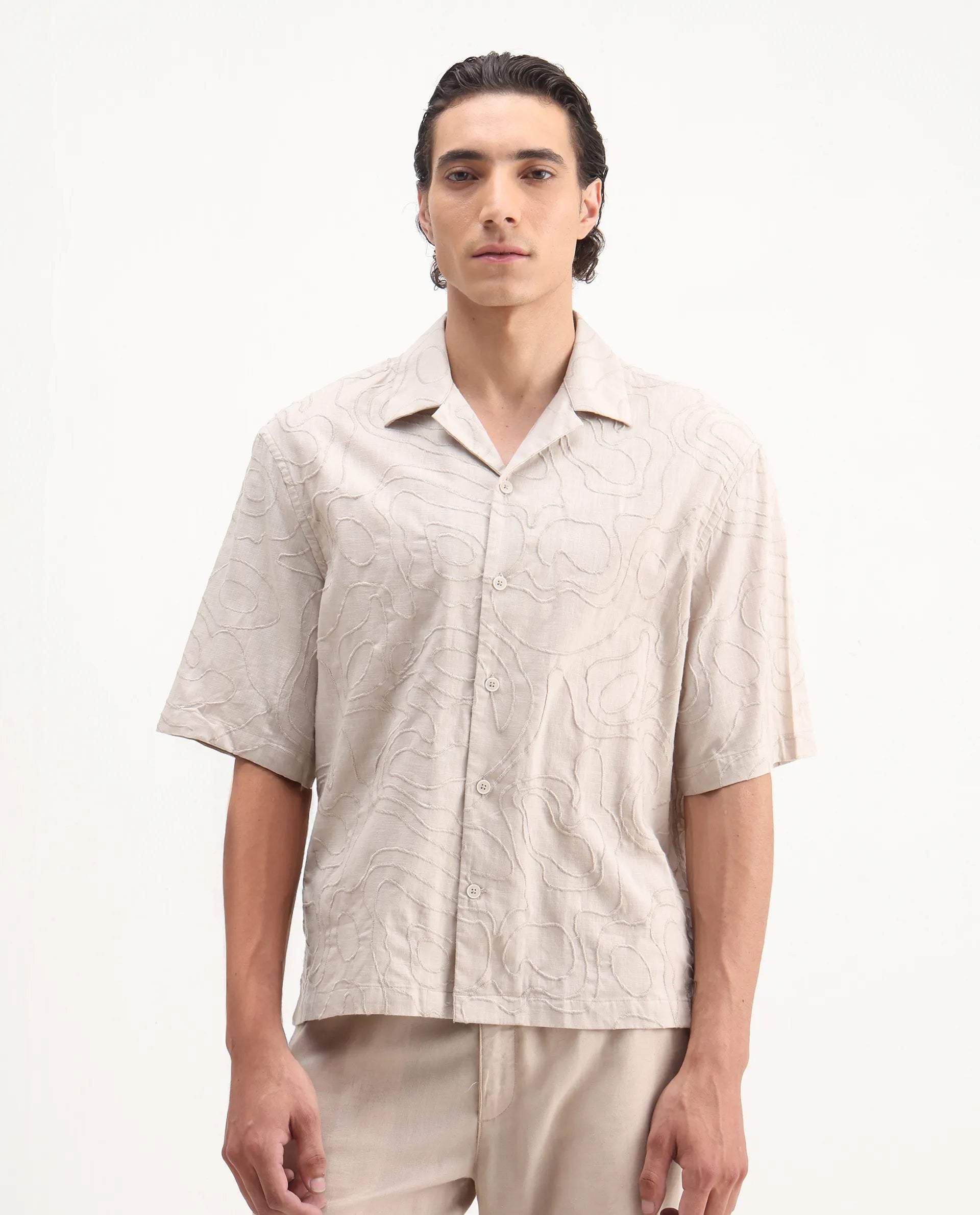 Rare Rabbit Men's Zeal Khaki Cotton Embroidered Oversized Fit Half Sleeve Cuban Collar Shirt