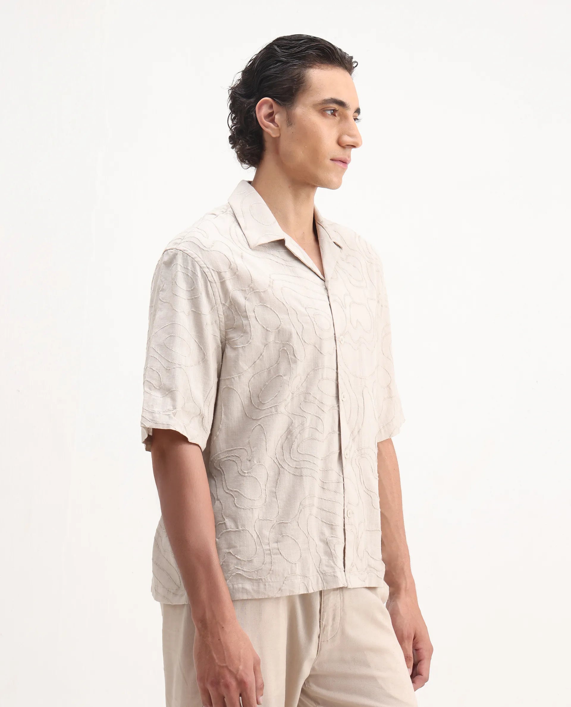 Rare Rabbit Men's Zeal Khaki Cotton Embroidered Oversized Fit Half Sleeve Cuban Collar Shirt