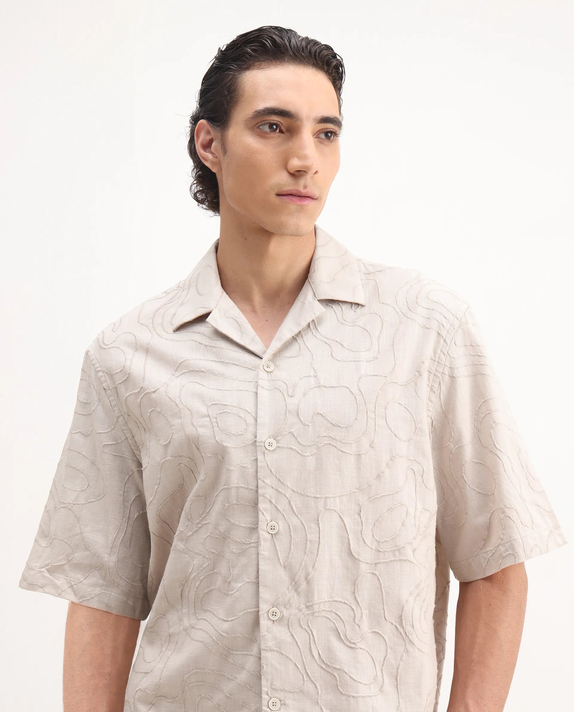 Rare Rabbit Men's Zeal Khaki Cotton Embroidered Oversized Fit Half Sleeve Cuban Collar Shirt