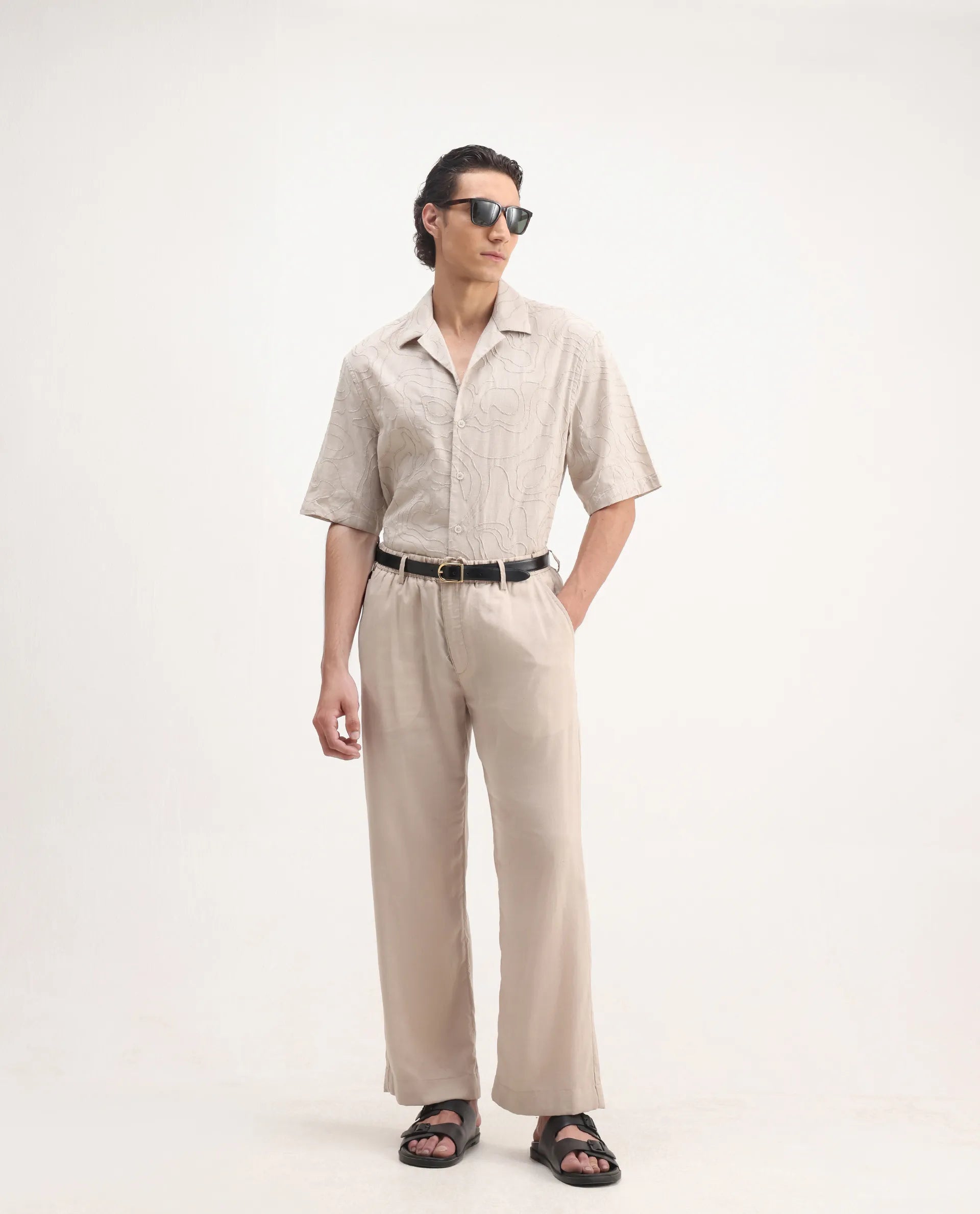 Rare Rabbit Men's Zeal Khaki Cotton Embroidered Oversized Fit Half Sleeve Cuban Collar Shirt