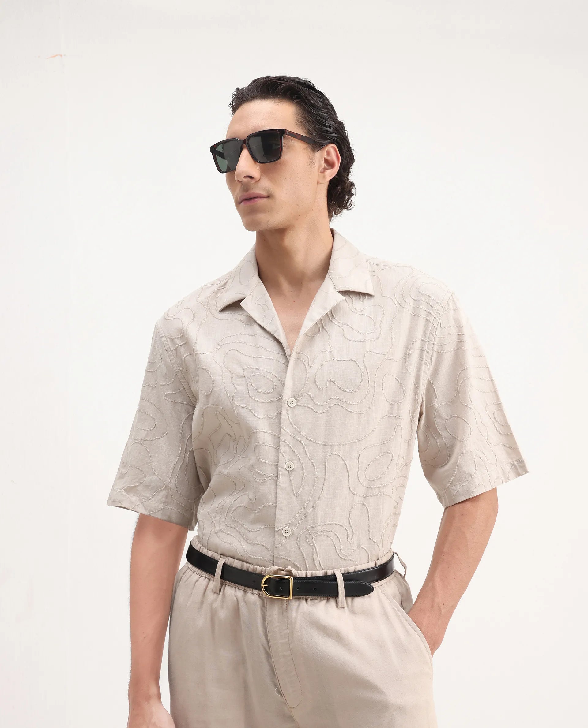 Rare Rabbit Men's Zeal Khaki Cotton Embroidered Oversized Fit Half Sleeve Cuban Collar Shirt