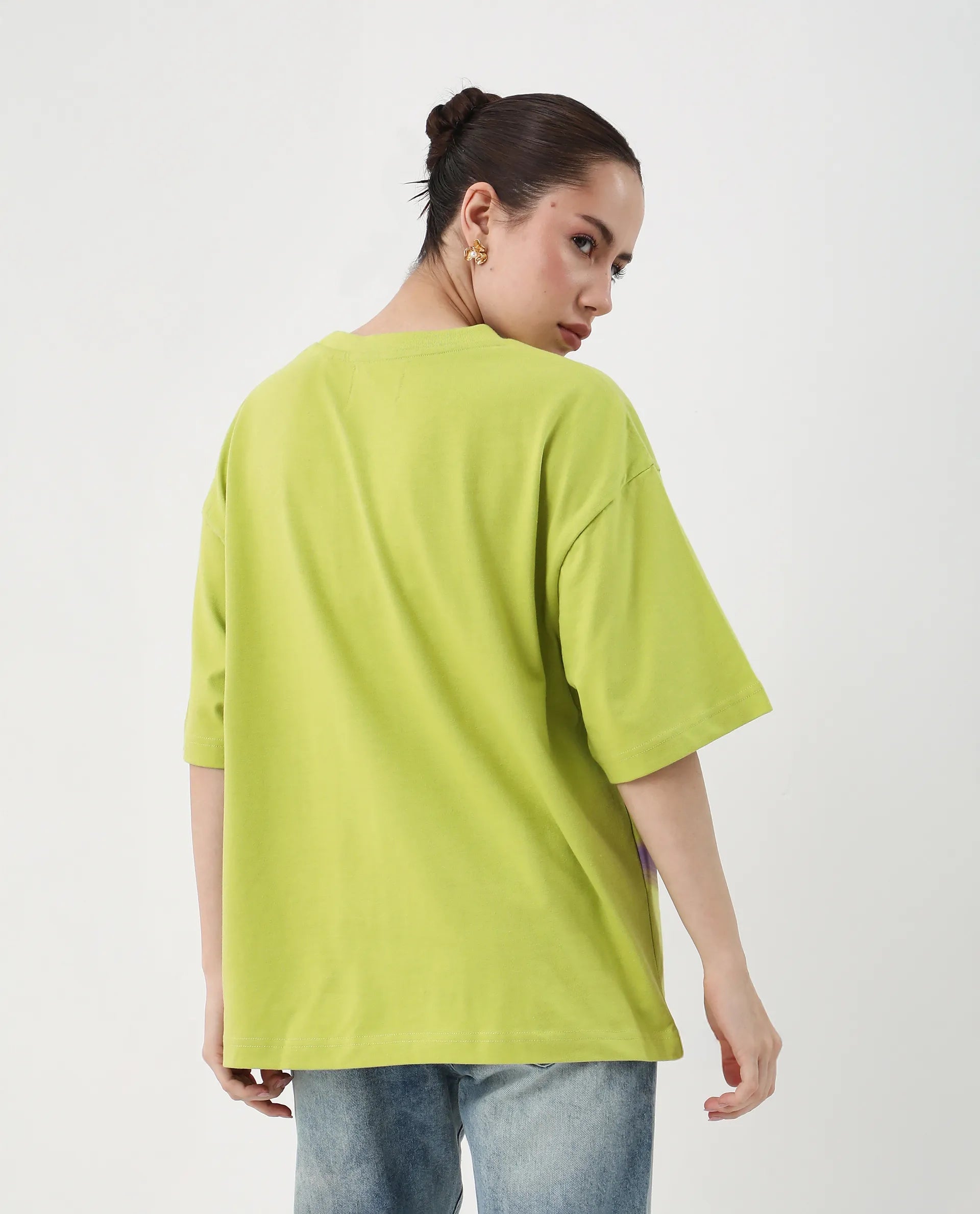 Rareism Women's Zelzo Green Cotton Graphic Print Oversized T-Shirt