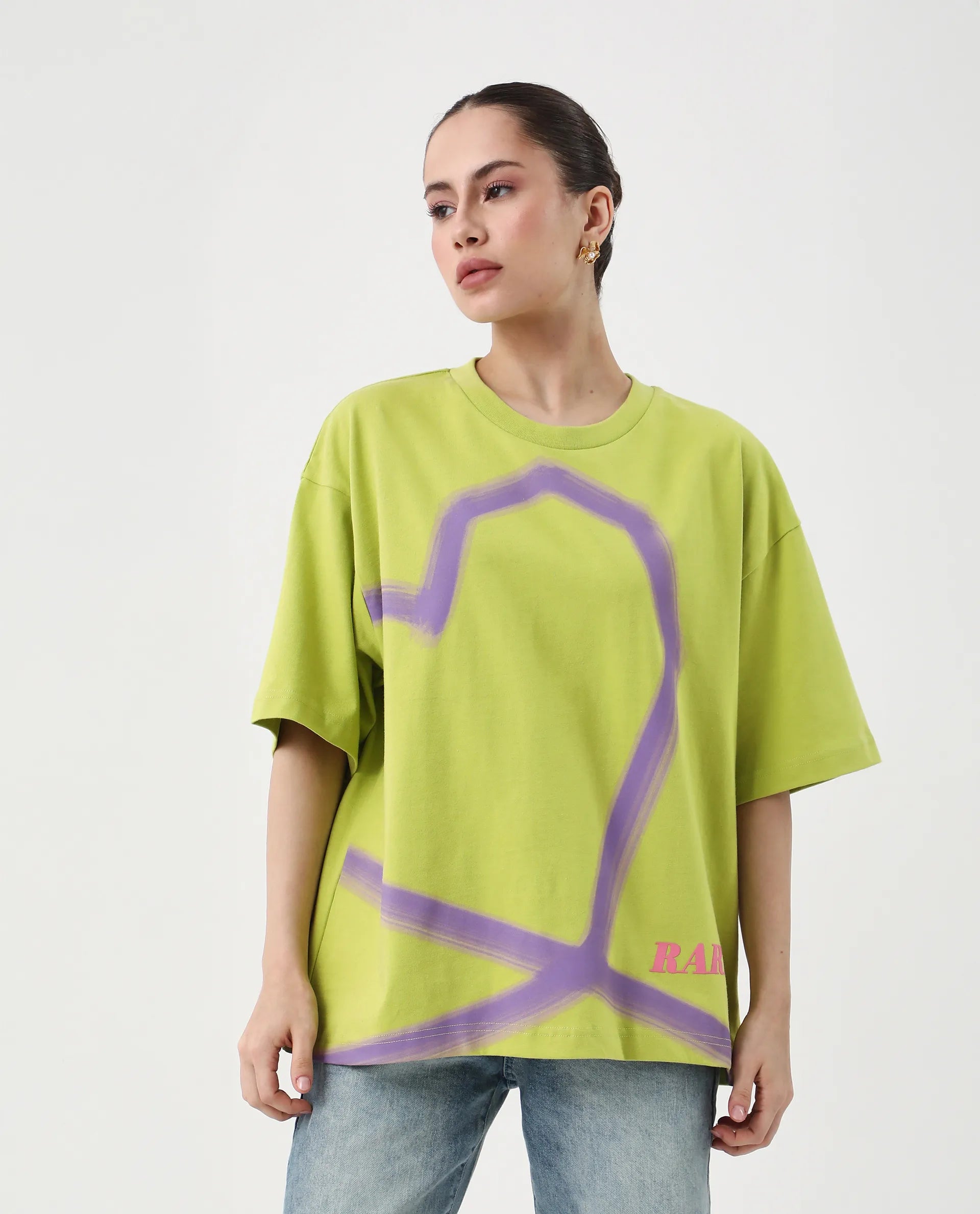 Rareism Women's Zelzo Green Cotton Graphic Print Oversized T-Shirt