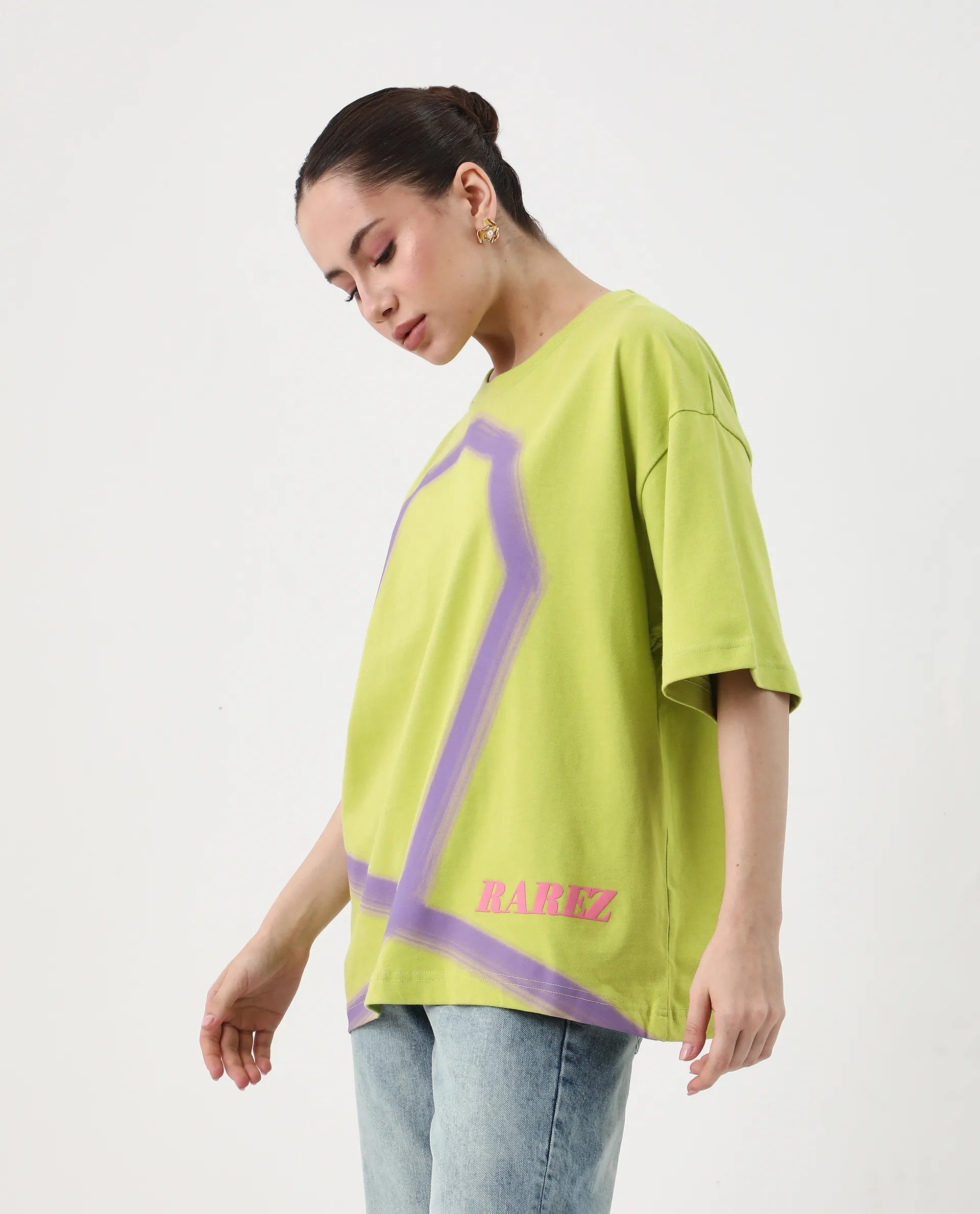 Rareism Women's Zelzo Green Cotton Graphic Print Oversized T-Shirt