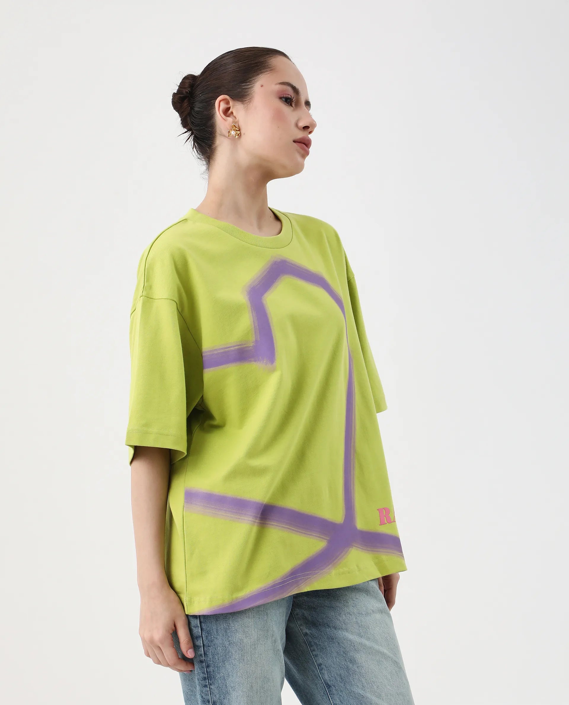 Rareism Women's Zelzo Green Cotton Graphic Print Oversized T-Shirt